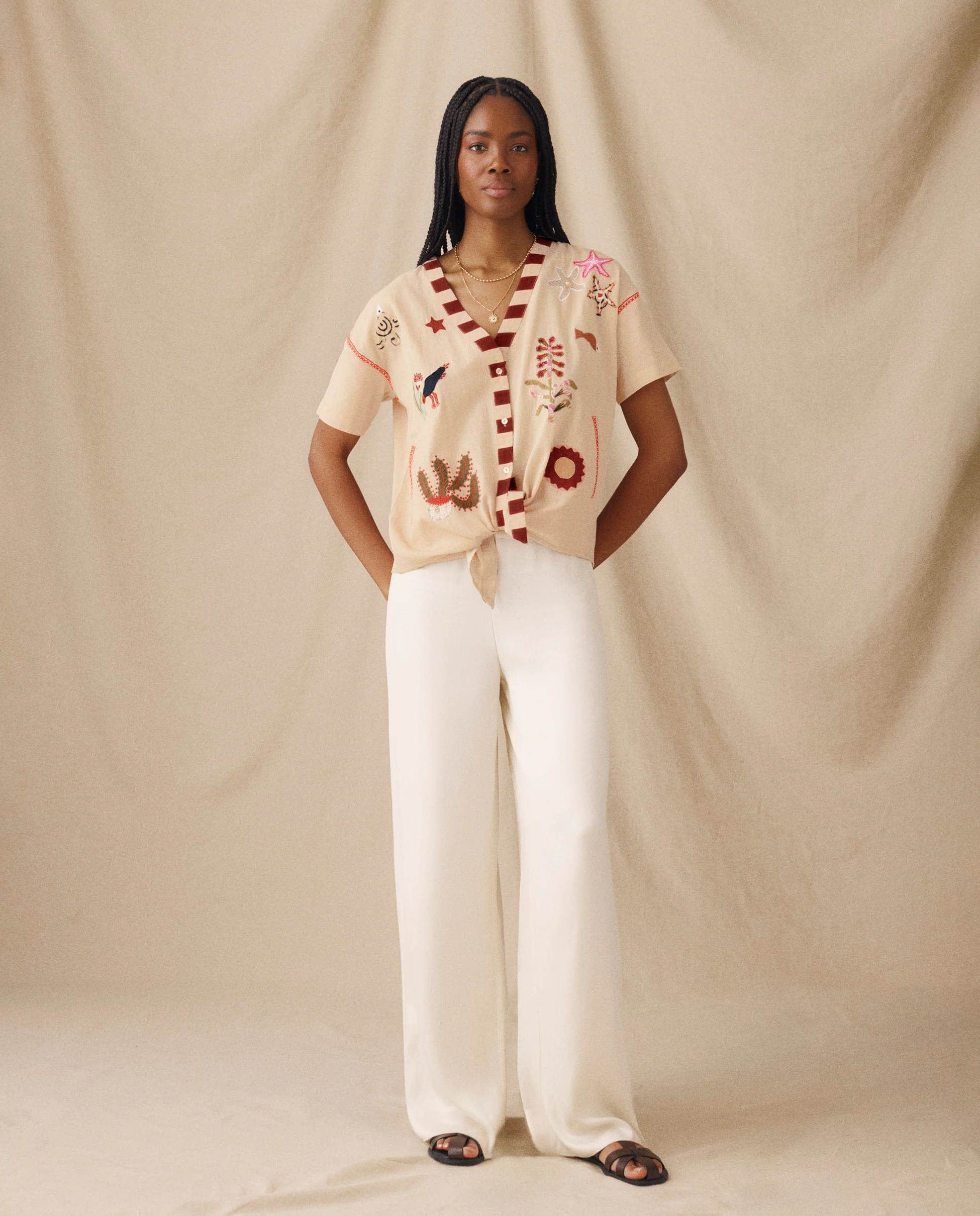 CHANDANI | Beige Floral Embroidered Tie Front Blouse - Image 3