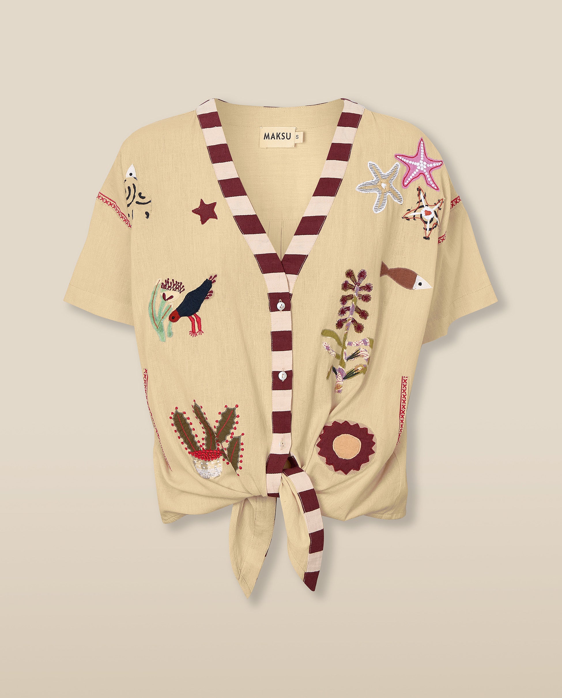 CHANDANI | Beige Floral Embroidered Tie Front Blouse - Image 5