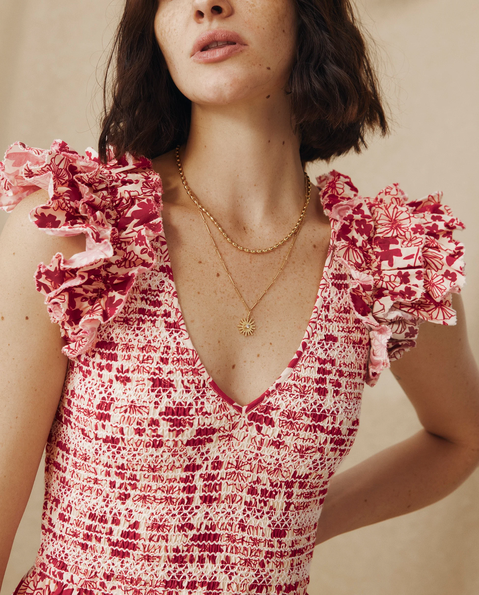 DAWA | Crimson Red & White Smocked Floral Cotton Midi Dress - Image 2