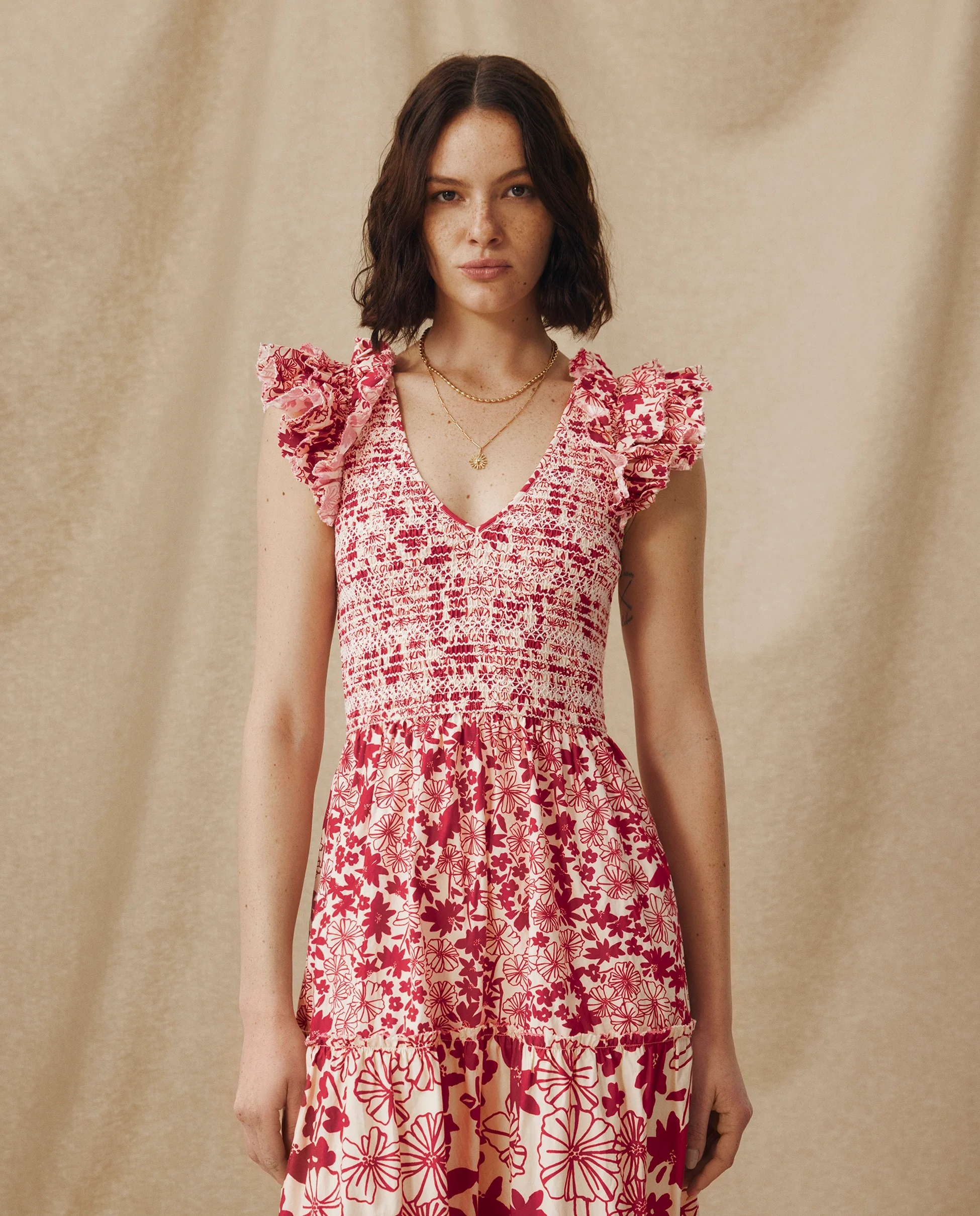 DAWA | Crimson Red & White Smocked Floral Cotton Midi Dress - Image 4