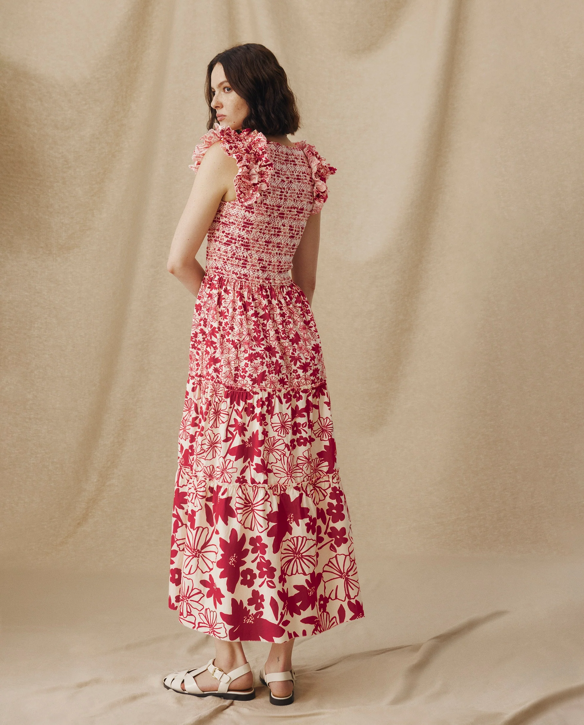 DAWA | Crimson Red & White Smocked Floral Cotton Midi Dress - Image 5