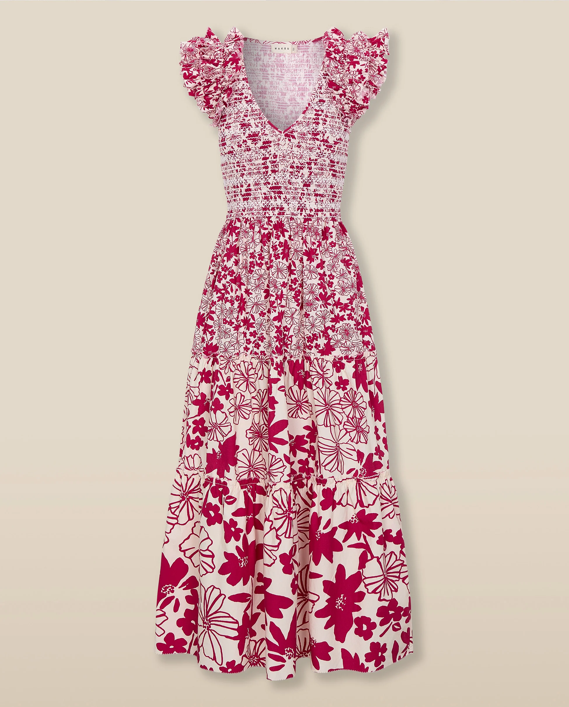 DAWA | Crimson Red & White Smocked Floral Cotton Midi Dress - Image 6