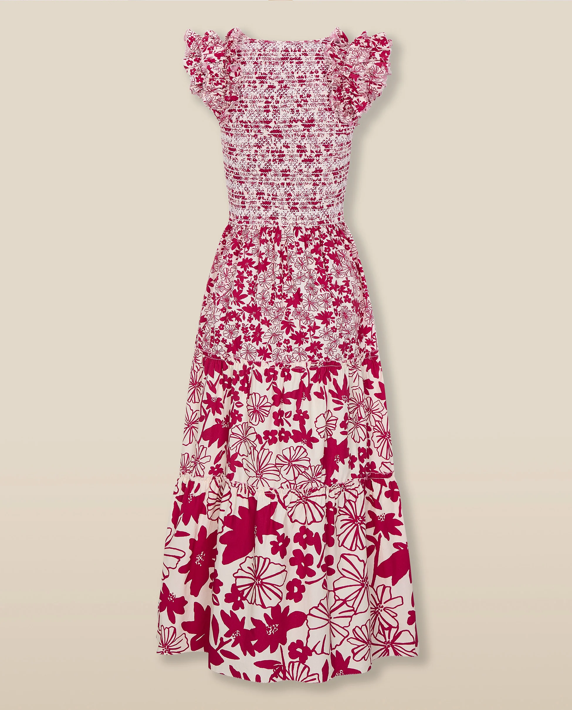 DAWA | Crimson Red & White Smocked Floral Cotton Midi Dress - Image 7