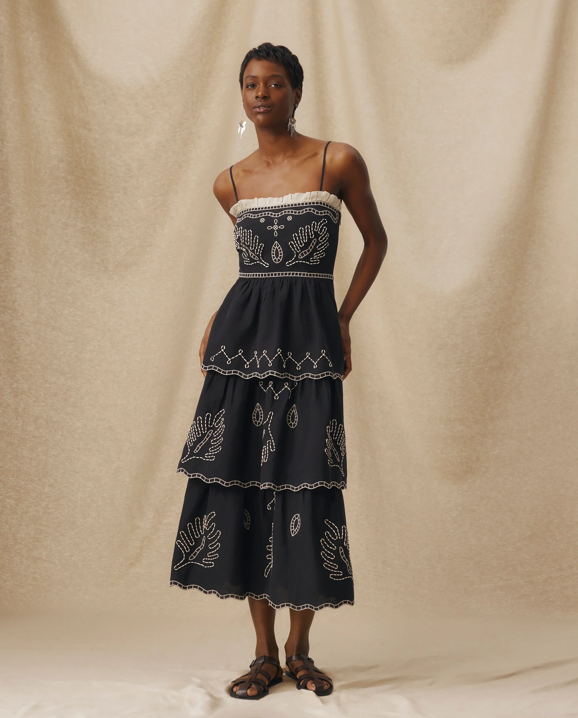 EMMA | Black Embroidered Cotton Linen Tiered Midi Dress - Image 2