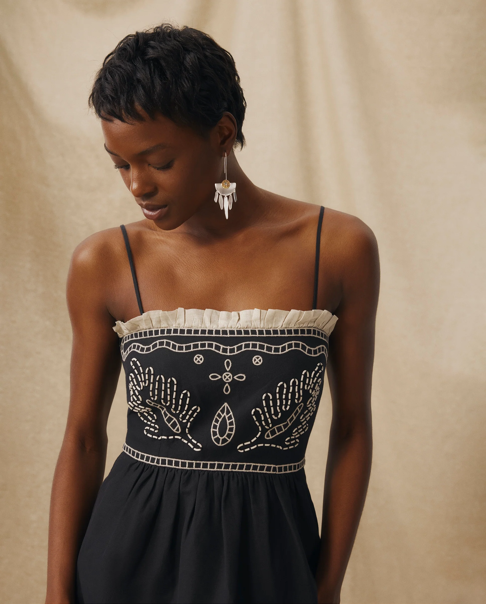 EMMA | Black Embroidered Cotton Linen Tiered Midi Dress - Image 3