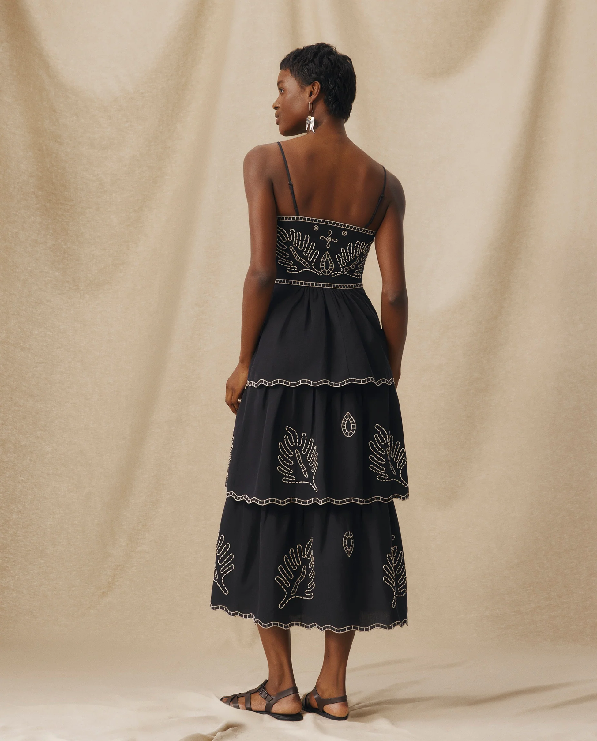 EMMA | Black Embroidered Cotton Linen Tiered Midi Dress - Image 4
