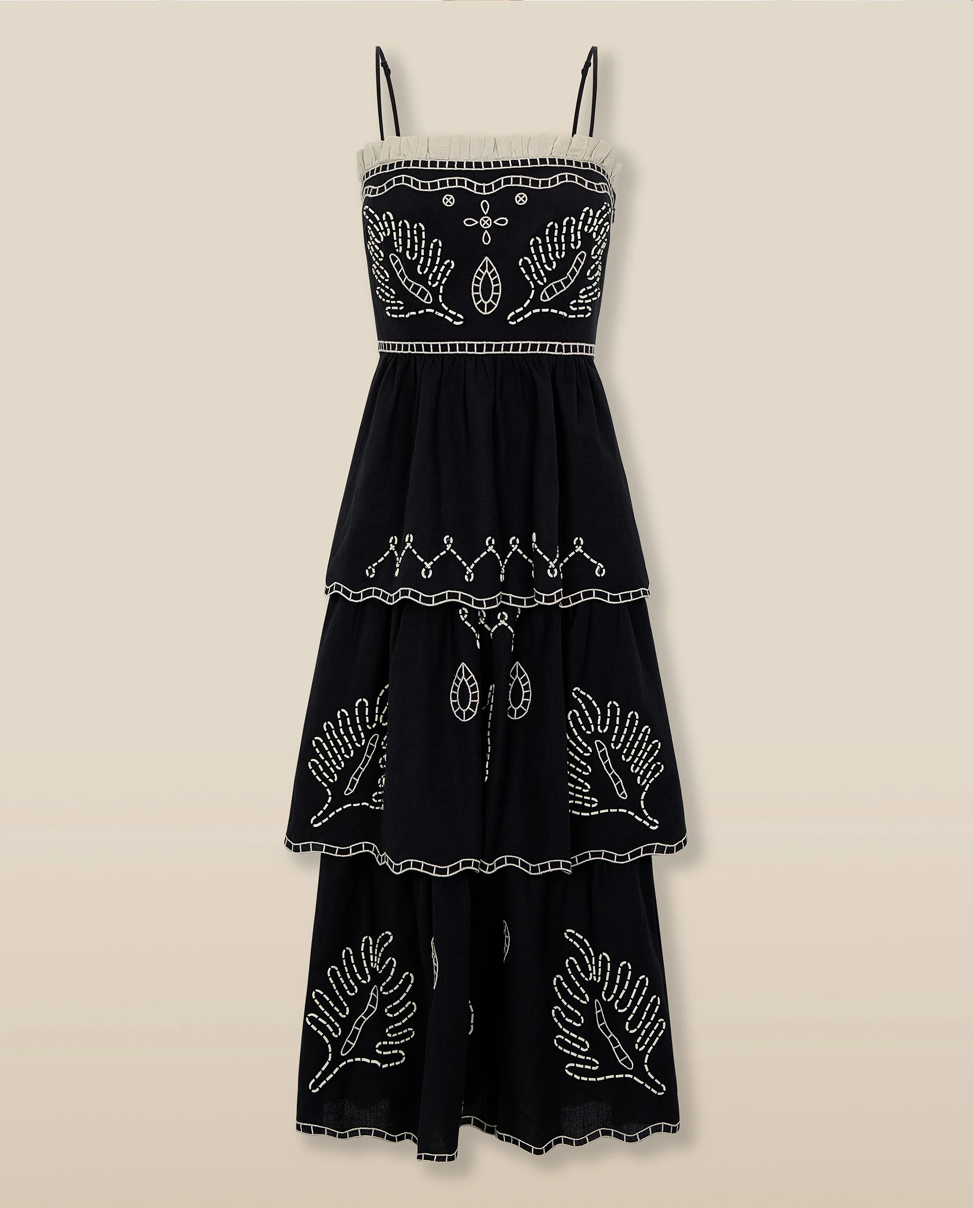 EMMA | Black Embroidered Cotton Linen Tiered Midi Dress - Image 5