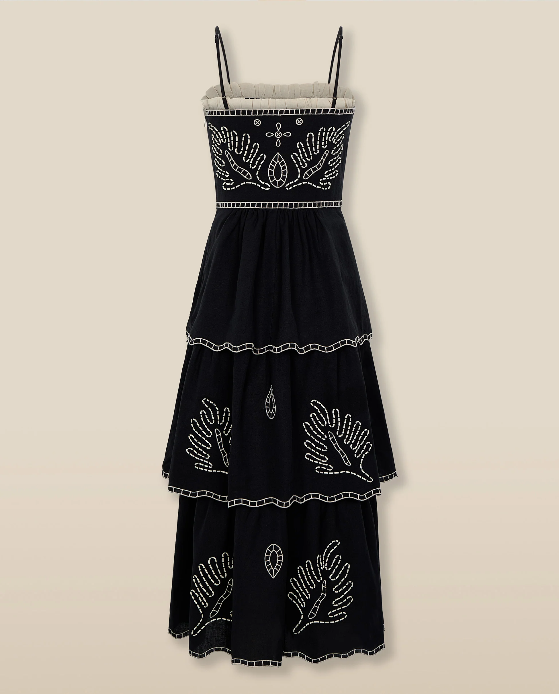 EMMA | Black Embroidered Cotton Linen Tiered Midi Dress - Image 6