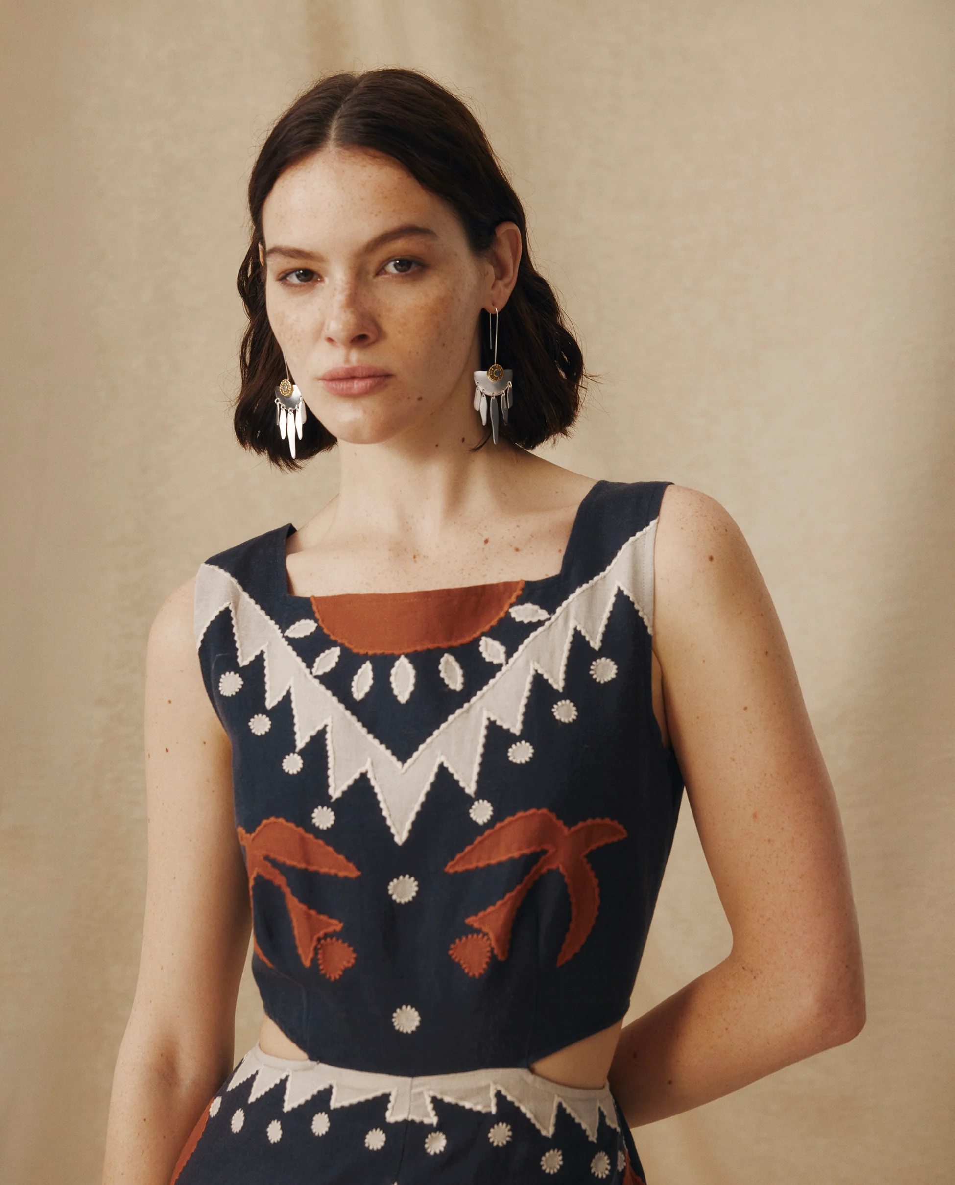 GENOVEVA | Black Geometric Embroidery Wide-Leg Cotton-Linen Jumpsuit - Image 3