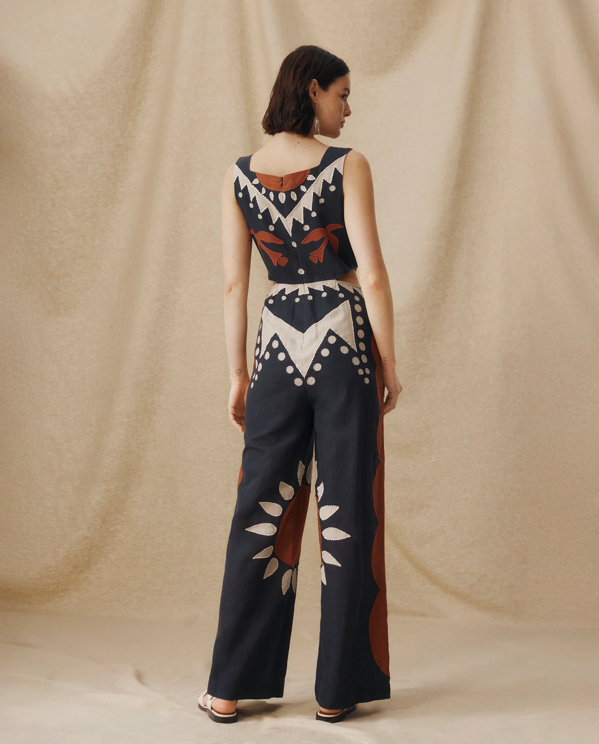 GENOVEVA | Black Geometric Embroidery Wide-Leg Cotton-Linen Jumpsuit - Image 5