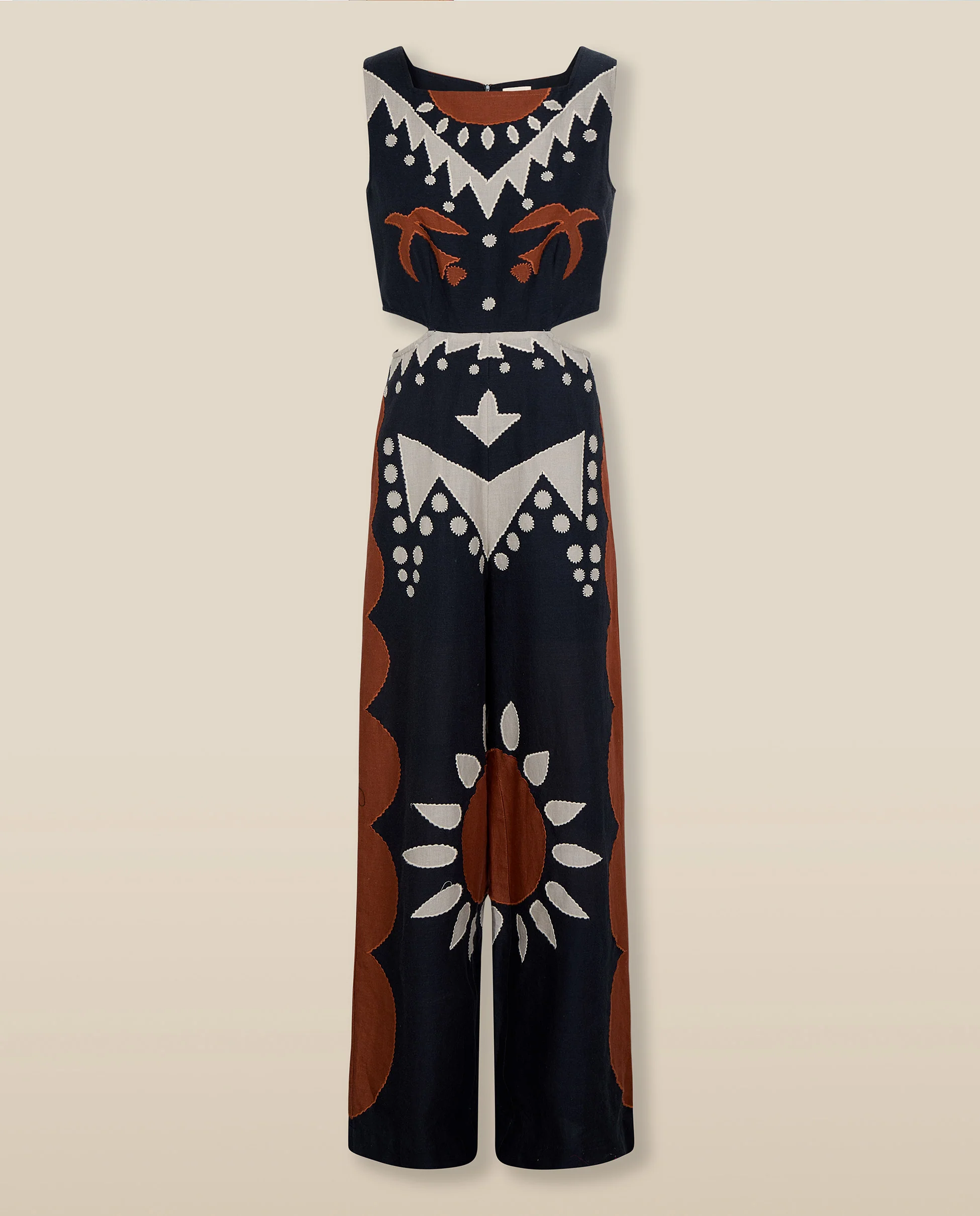GENOVEVA | Black Geometric Embroidery Wide-Leg Cotton-Linen Jumpsuit - Image 6