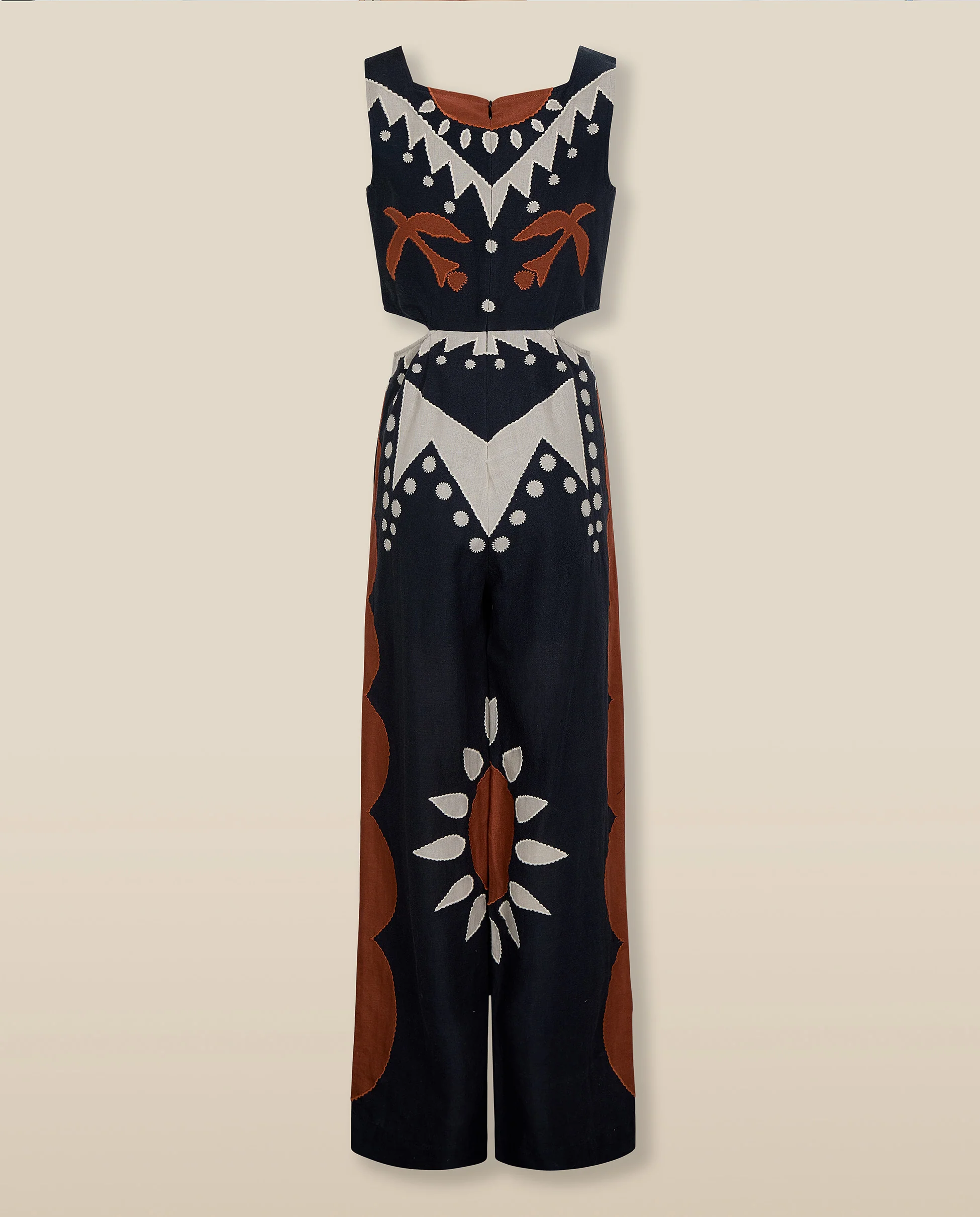 GENOVEVA | Black Geometric Embroidery Wide-Leg Cotton-Linen Jumpsuit - Image 7