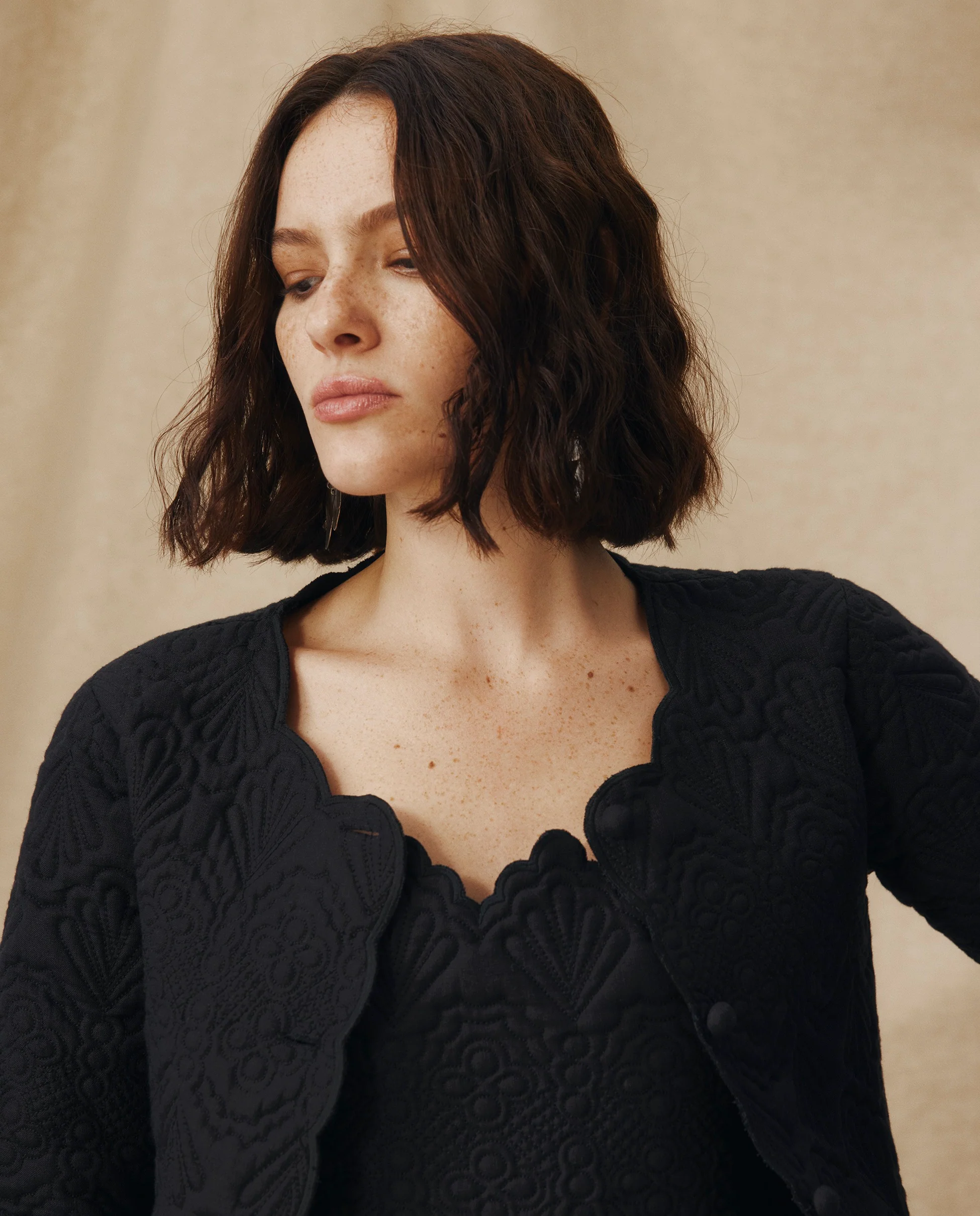ISHANI | Black Trapunto Embroidered Linen Jacket - Image 2