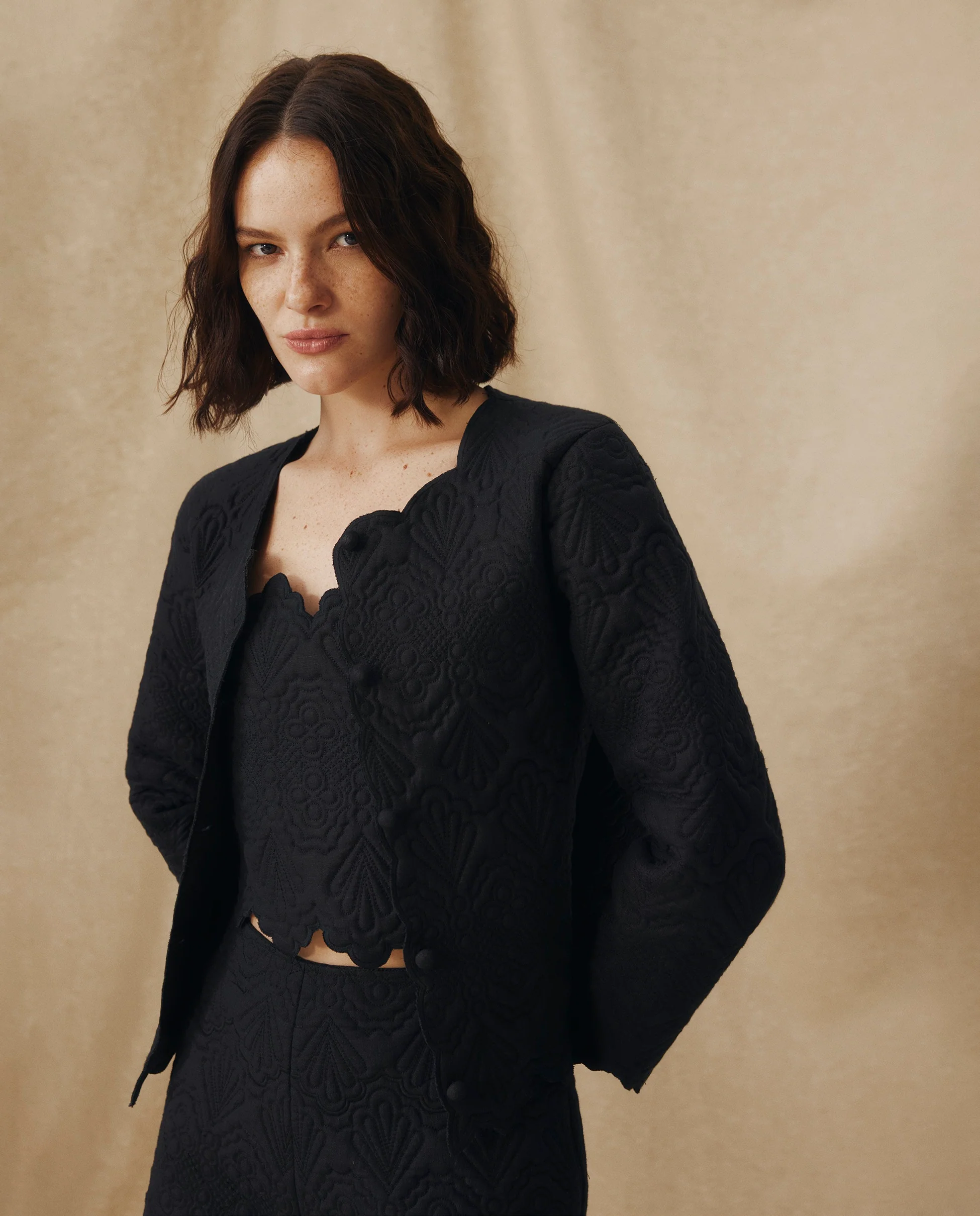 ISHANI | Black Trapunto Embroidered Linen Jacket - Image 3
