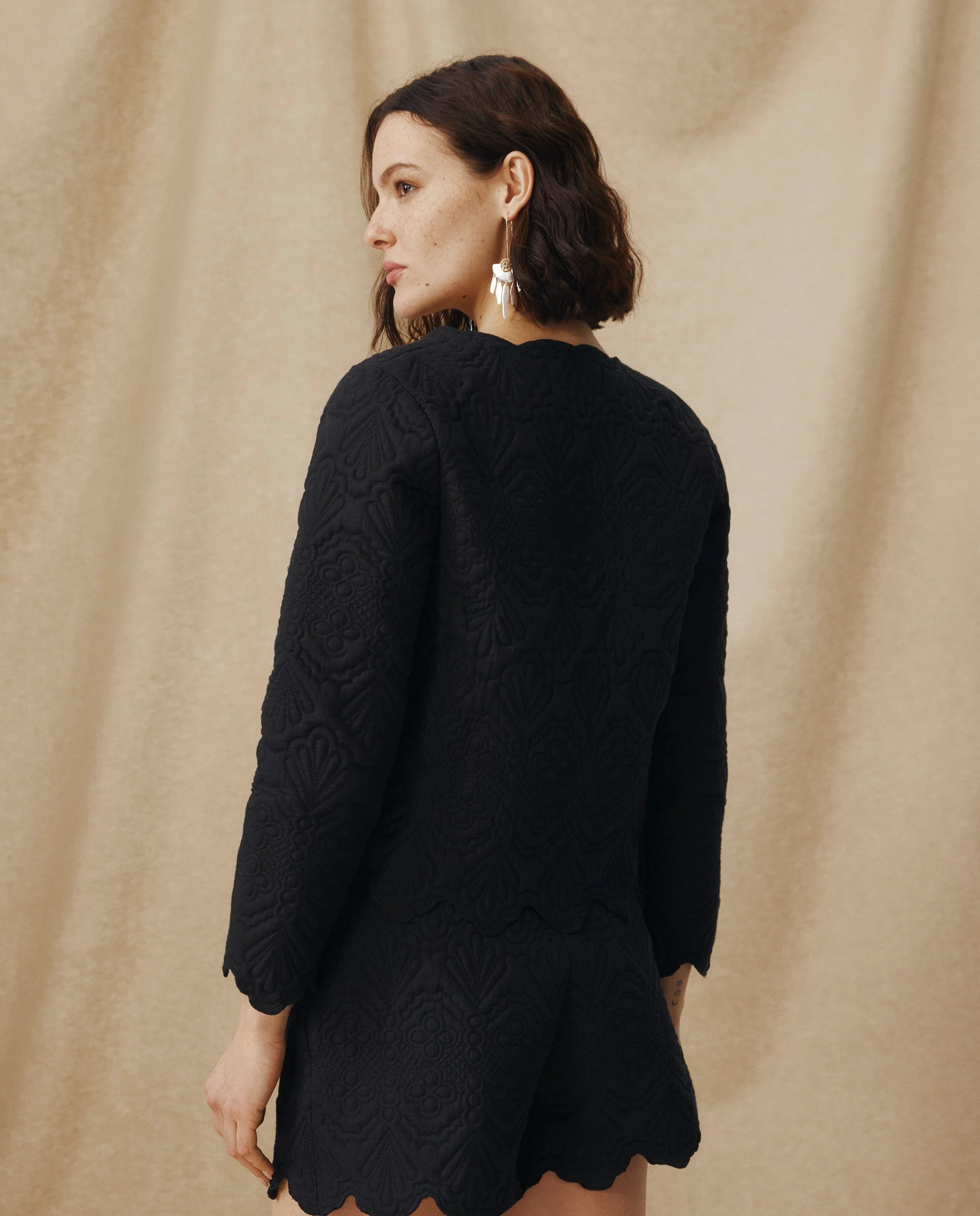 ISHANI | Black Trapunto Embroidered Linen Jacket - Image 4