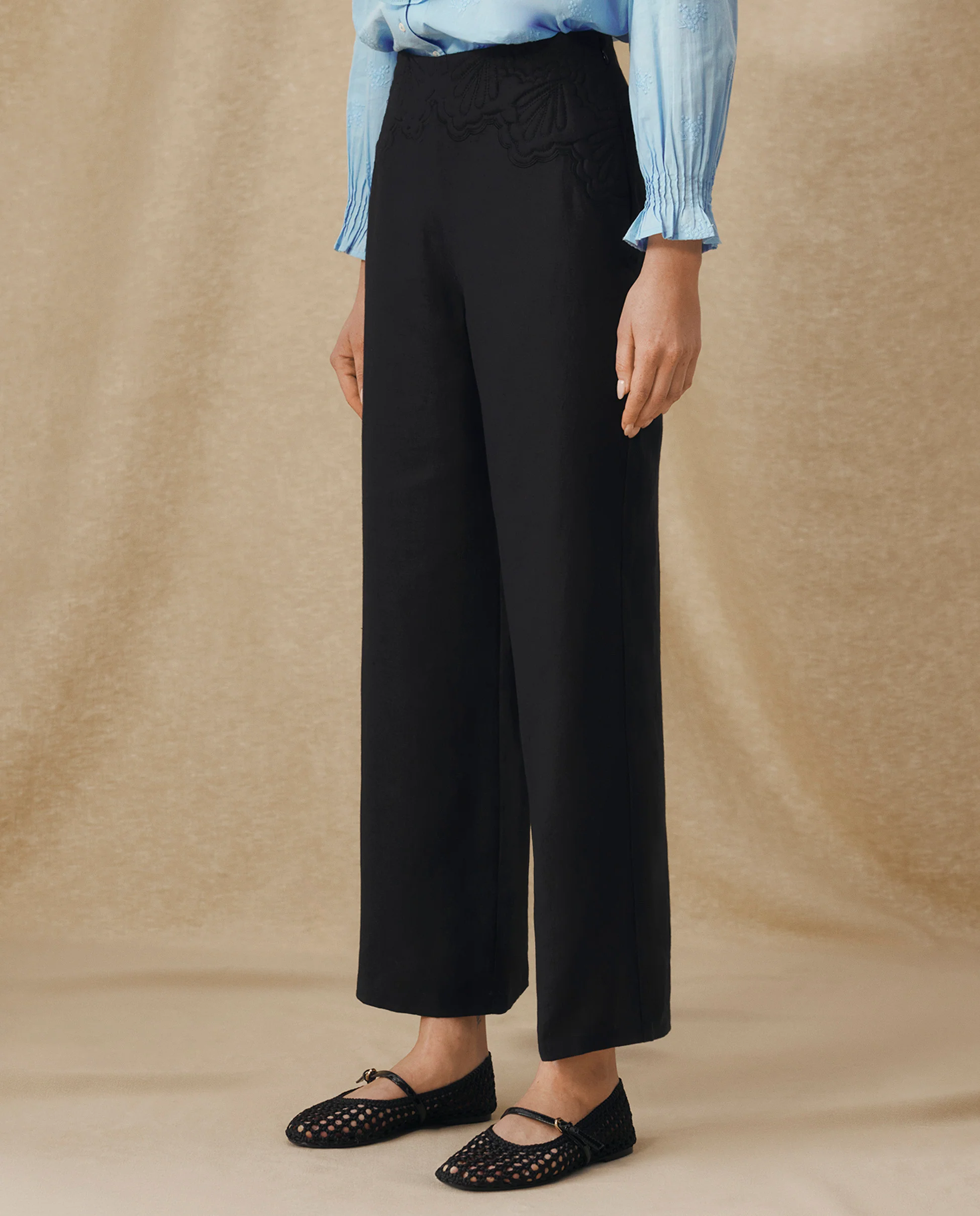 ISHANI | Black Trapunto Embroidered Wide Leg Linen Trousers - Image 2