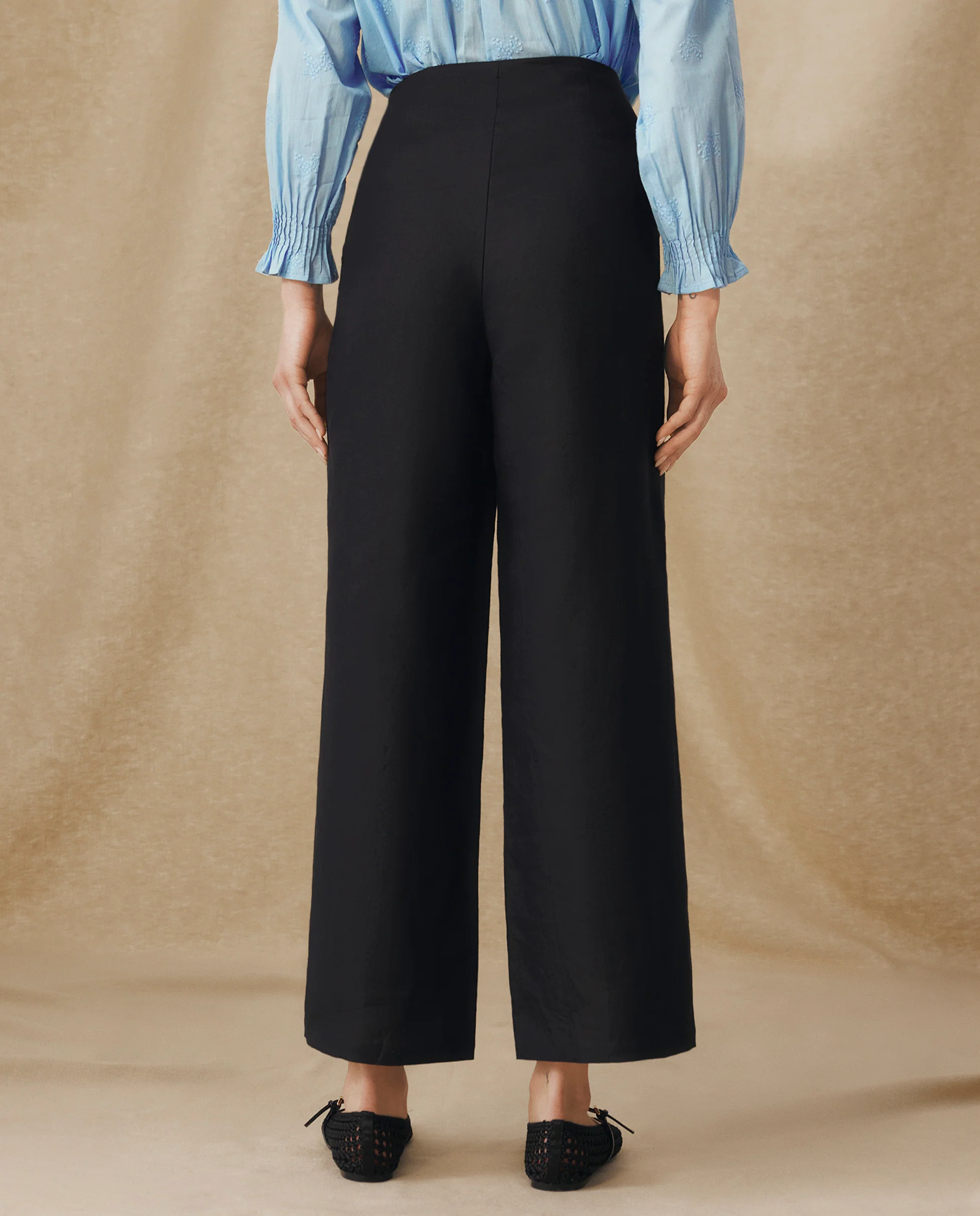 ISHANI | Black Trapunto Embroidered Wide Leg Linen Trousers - Image 4