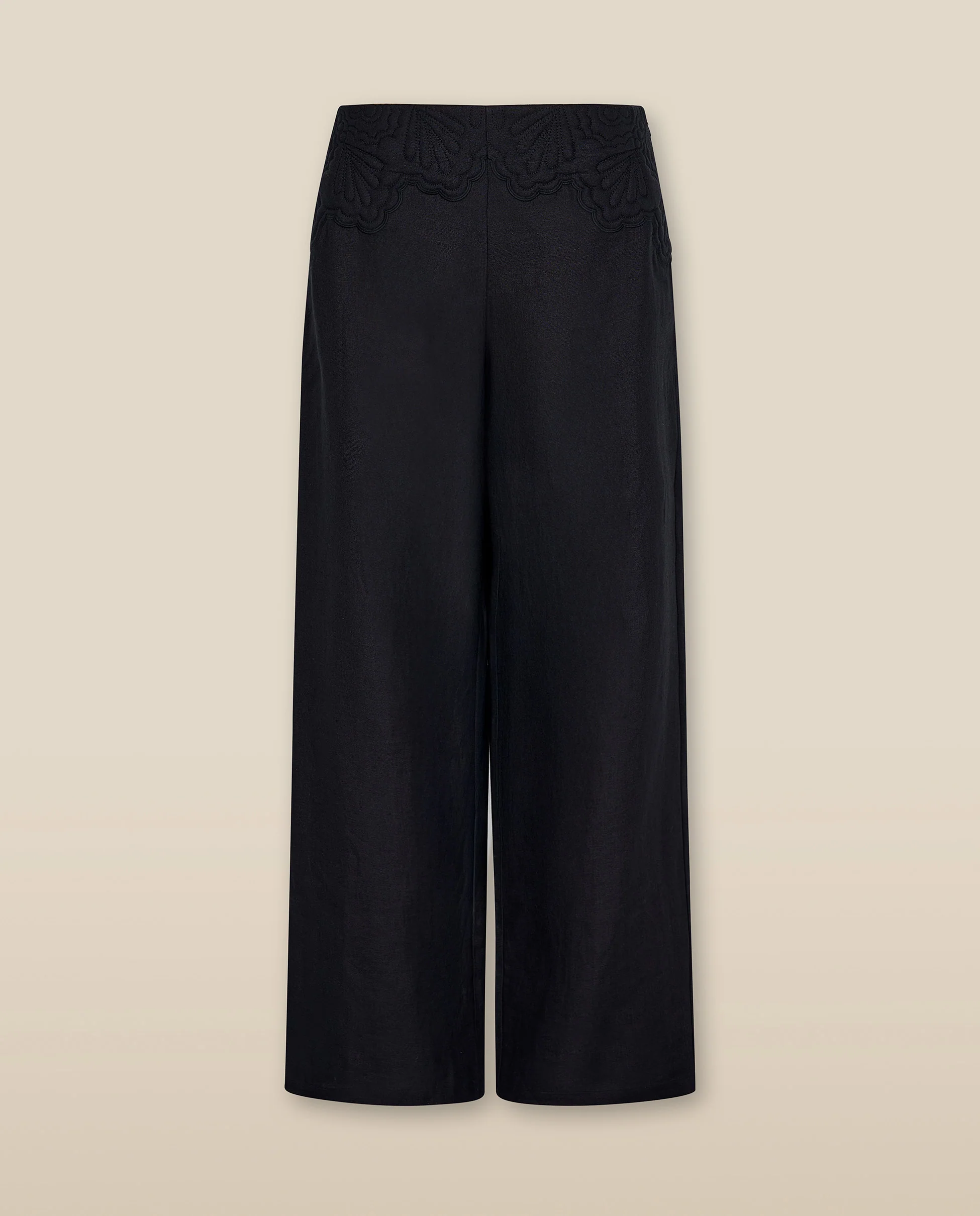 ISHANI | Black Trapunto Embroidered Wide Leg Linen Trousers - Image 5