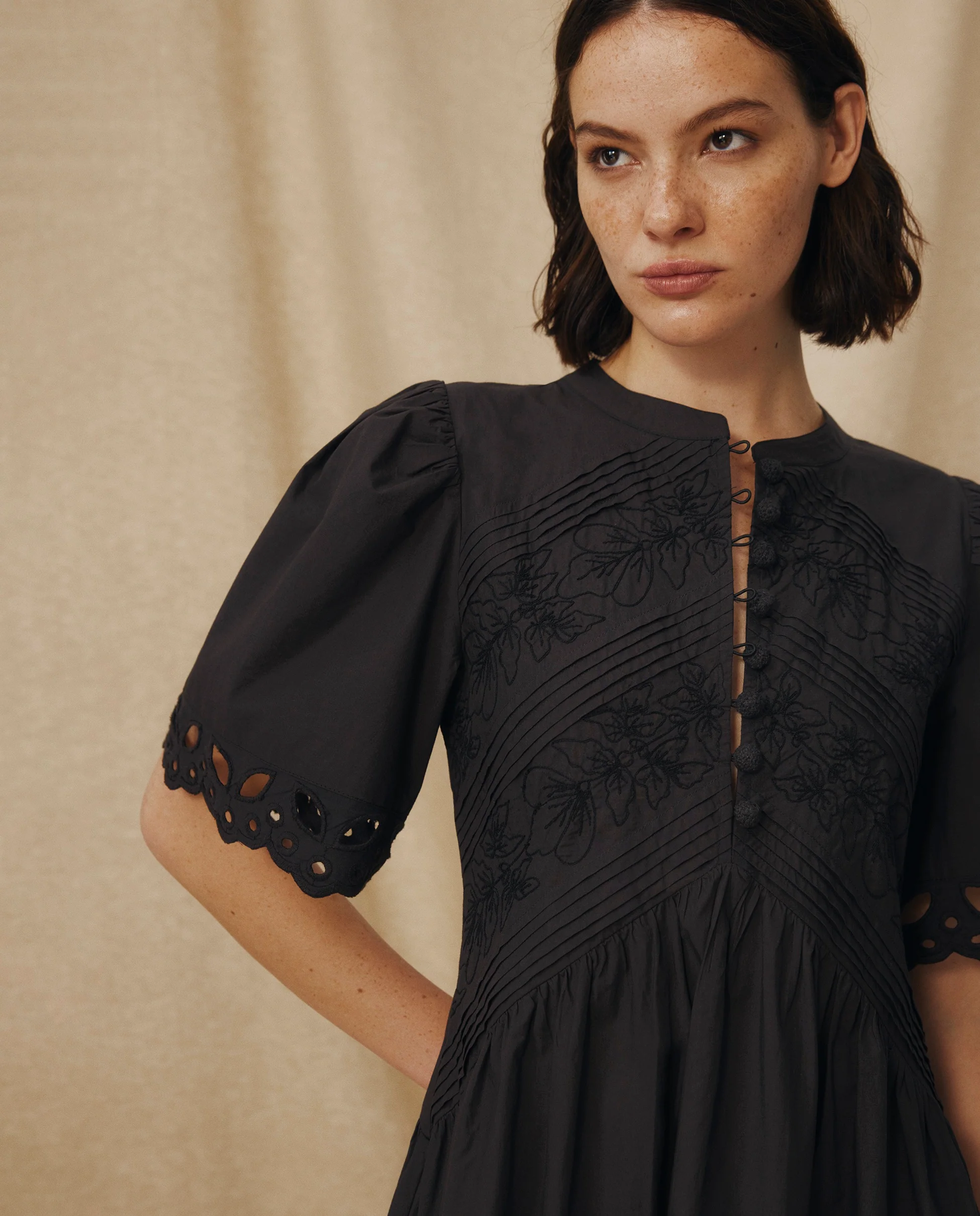 JAIA | Black Tonal Floral-Embroidered Cotton Short Dress - Image 3