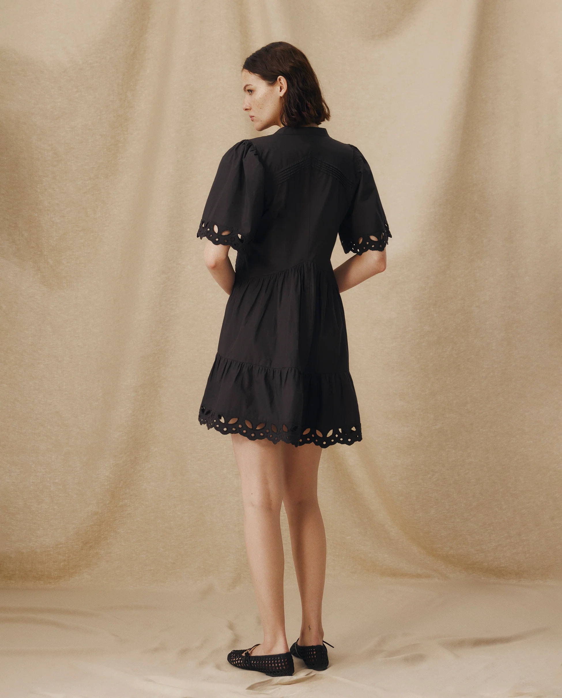JAIA | Black Tonal Floral-Embroidered Cotton Short Dress - Image 4