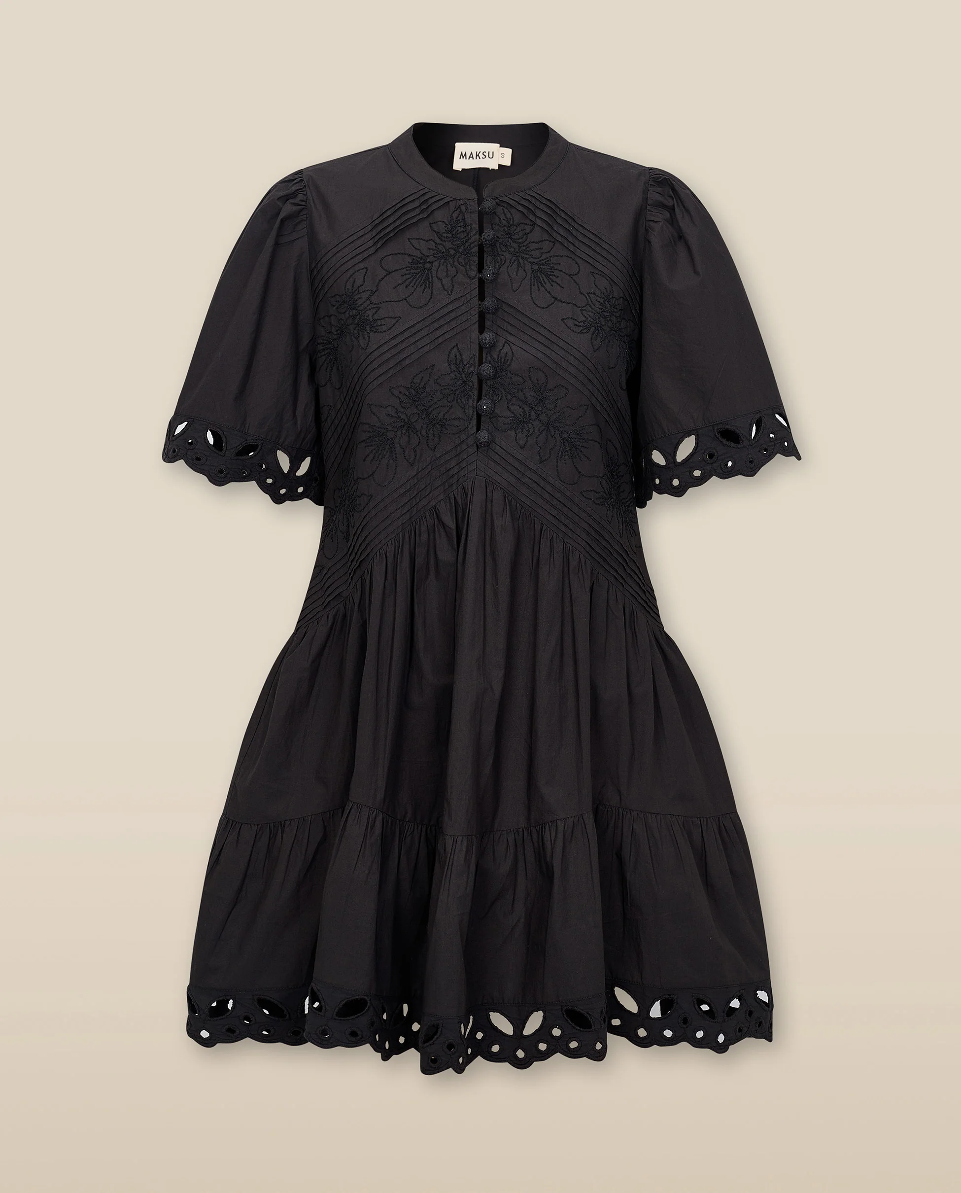 JAIA | Black Tonal Floral-Embroidered Cotton Short Dress - Image 5