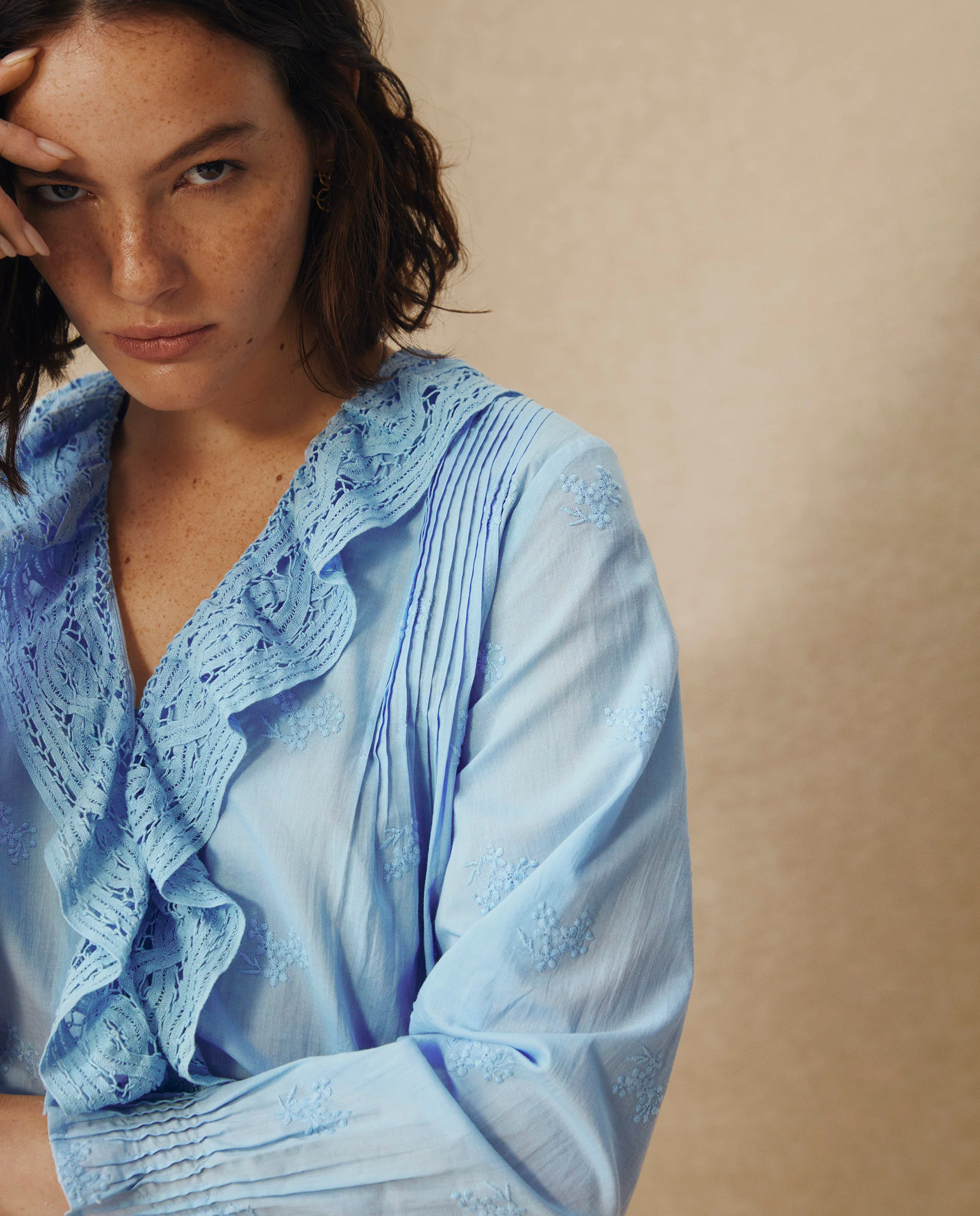 KAIRA | Pale Blue Embroidered Cotton Ruffle Blouse - Image 3