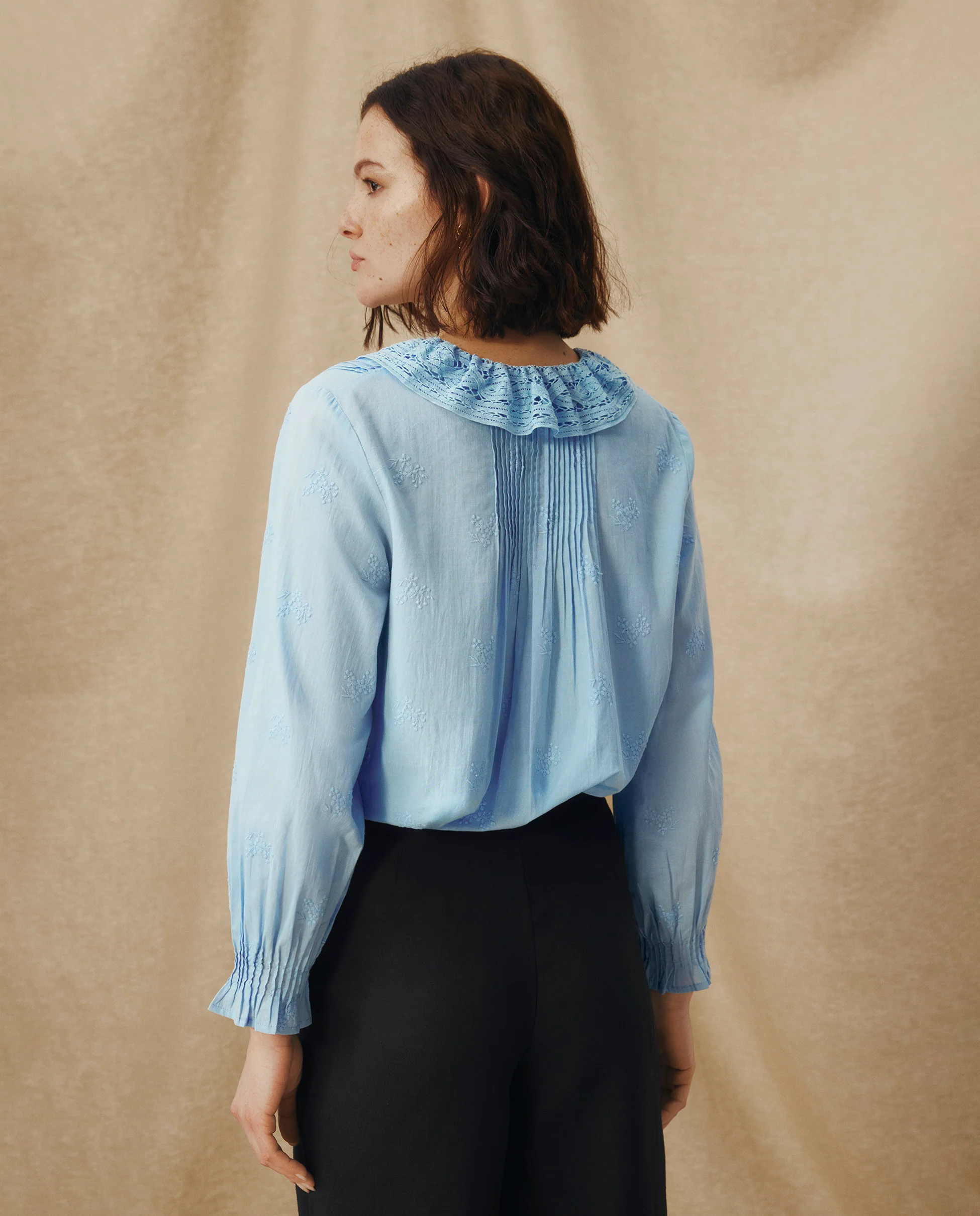 KAIRA | Pale Blue Embroidered Cotton Ruffle Blouse - Image 4