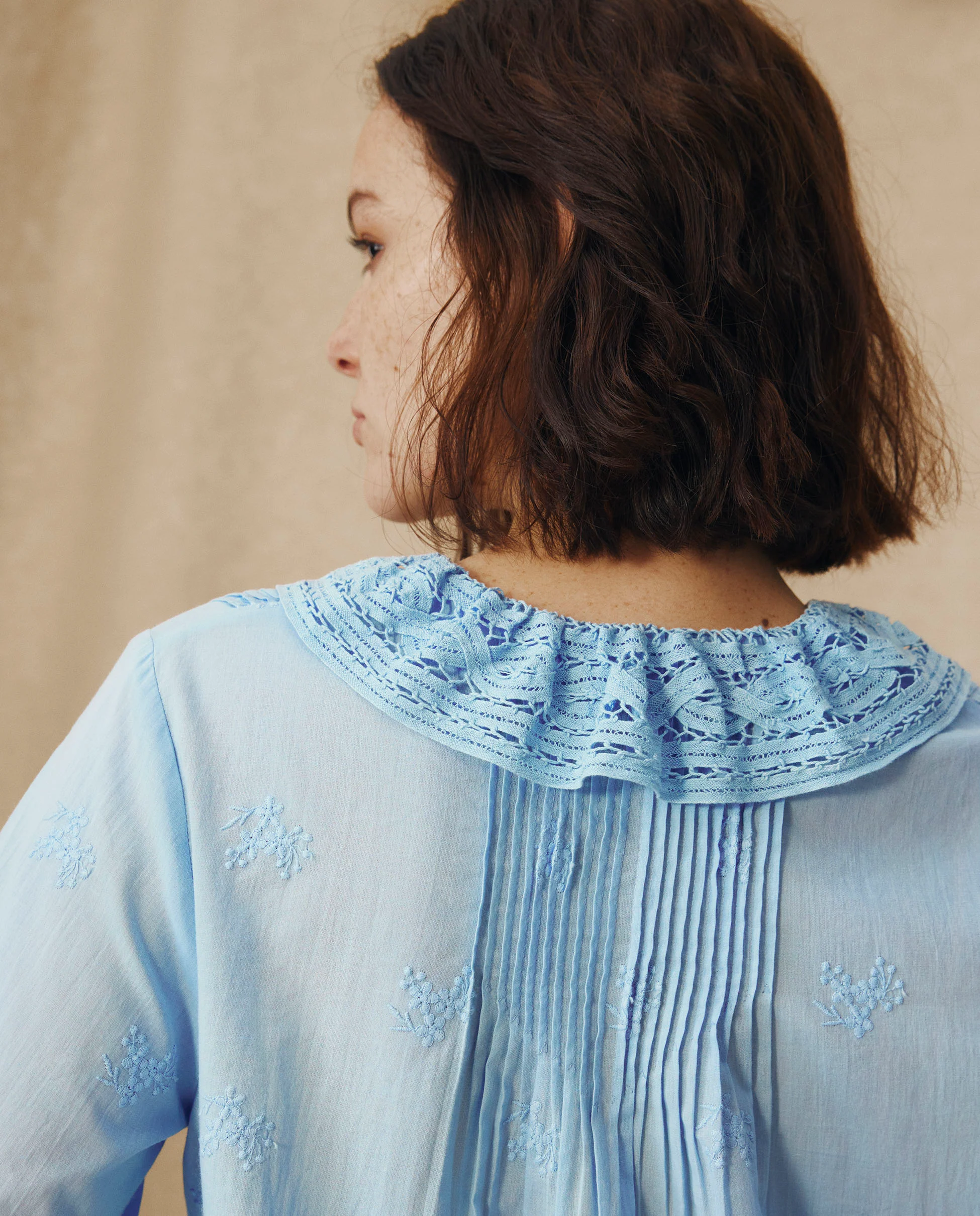 KAIRA | Pale Blue Embroidered Cotton Ruffle Blouse - Image 5