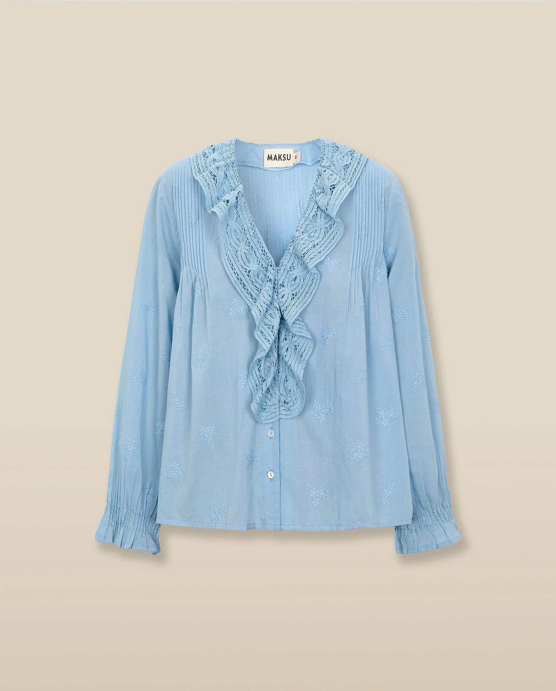 KAIRA | Pale Blue Embroidered Cotton Ruffle Blouse - Image 6