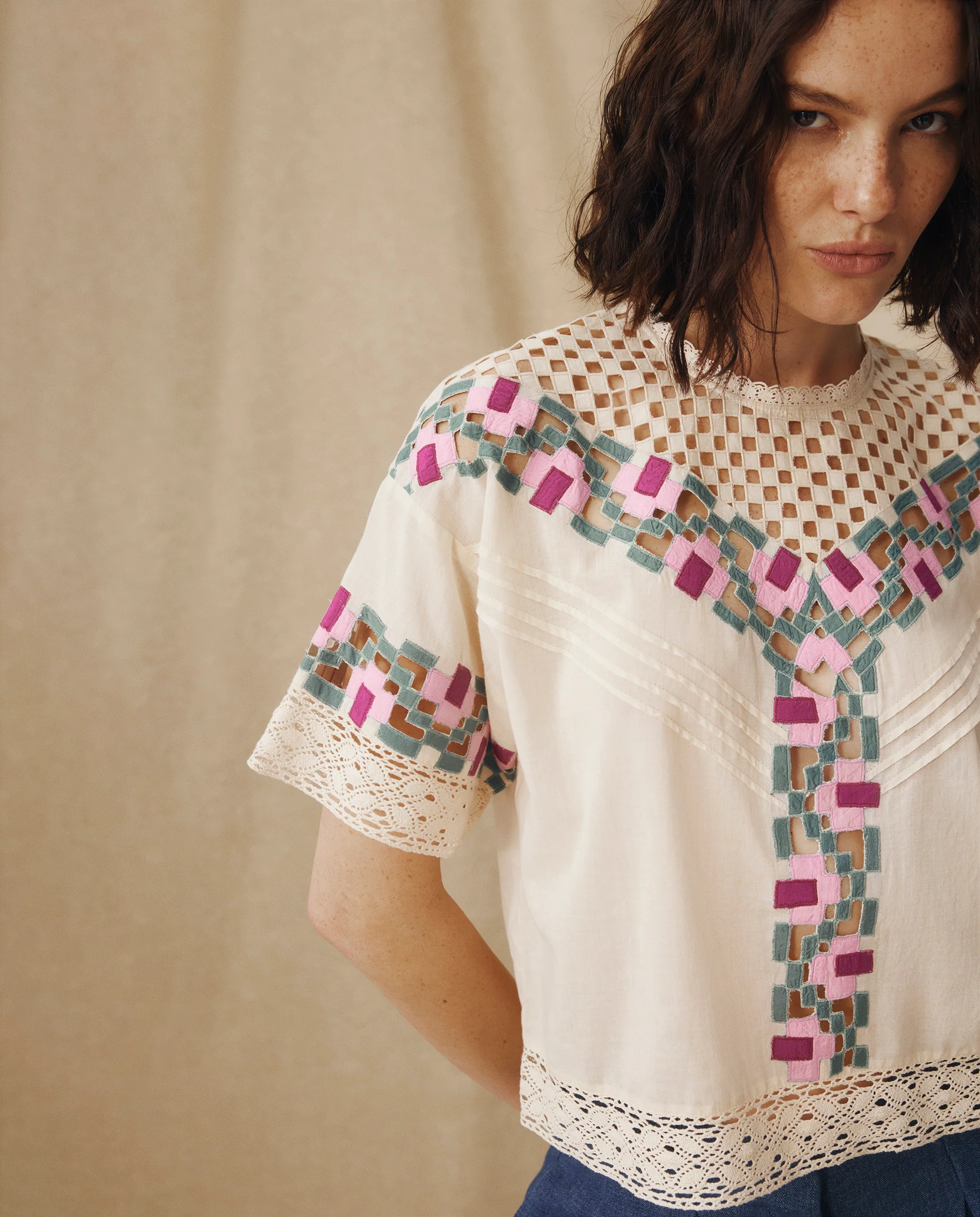 KALINDA | Cream Geometric-Embroidered Cotton Blouse - Image 2