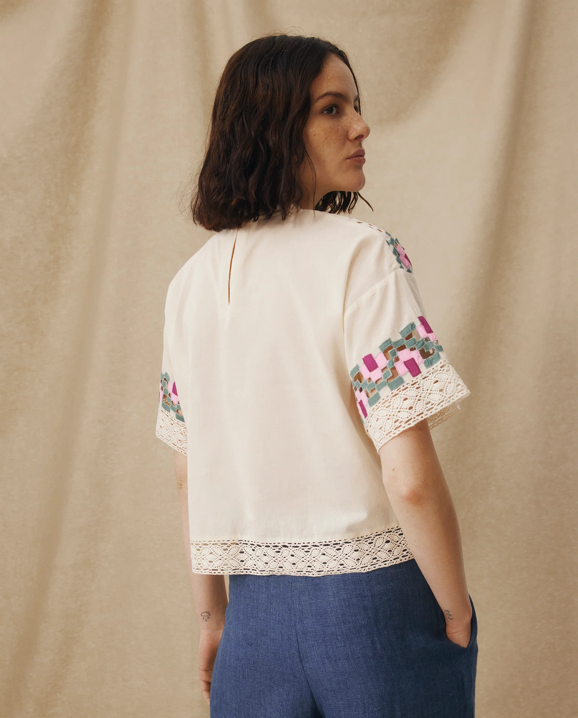 KALINDA | Cream Geometric-Embroidered Cotton Blouse - Image 3