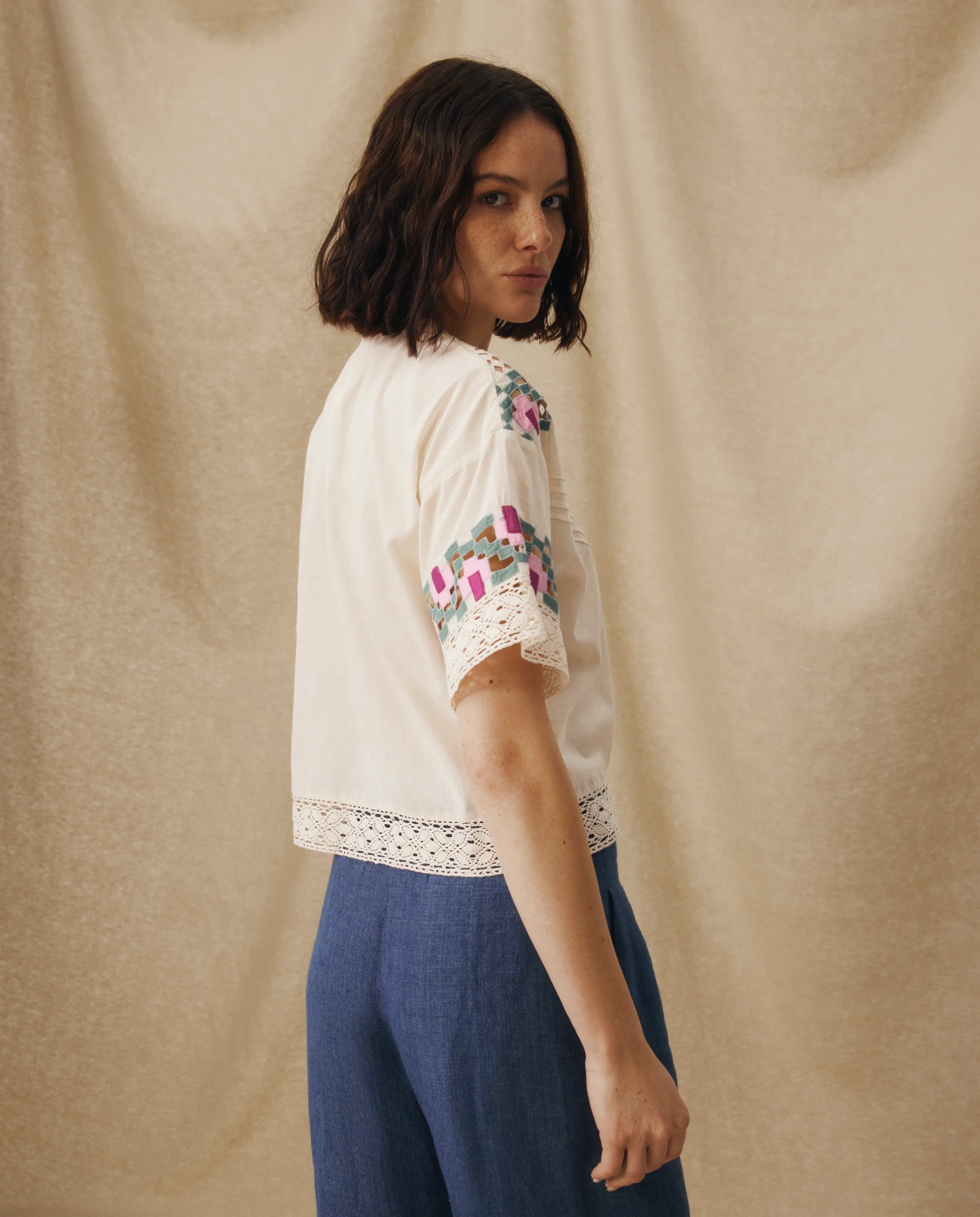 KALINDA | Cream Geometric-Embroidered Cotton Blouse - Image 4