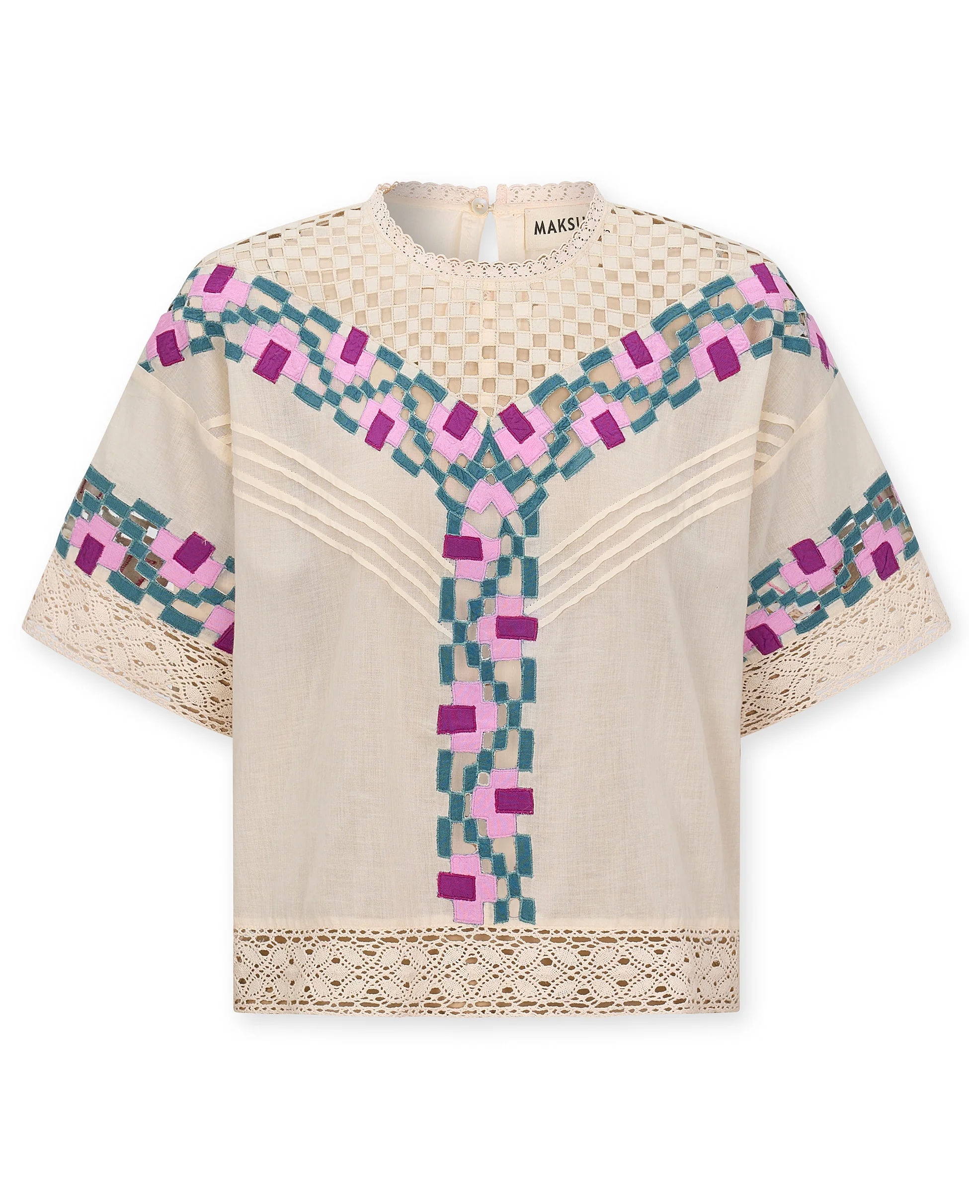 KALINDA | Cream Geometric-Embroidered Cotton Blouse - Image 5