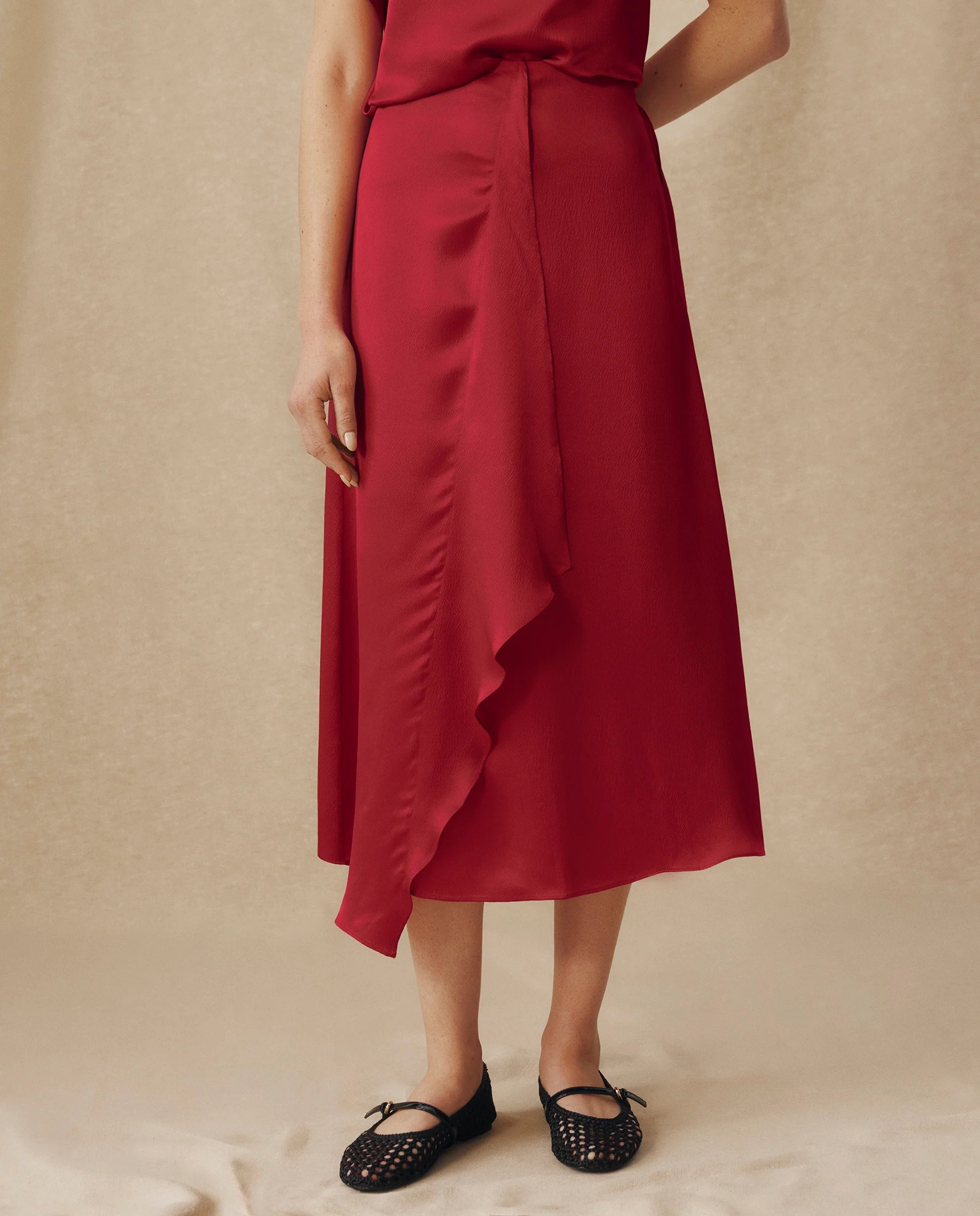 LETIZIA | Crimson Red Asymmetric Silk Skirt - Image 2