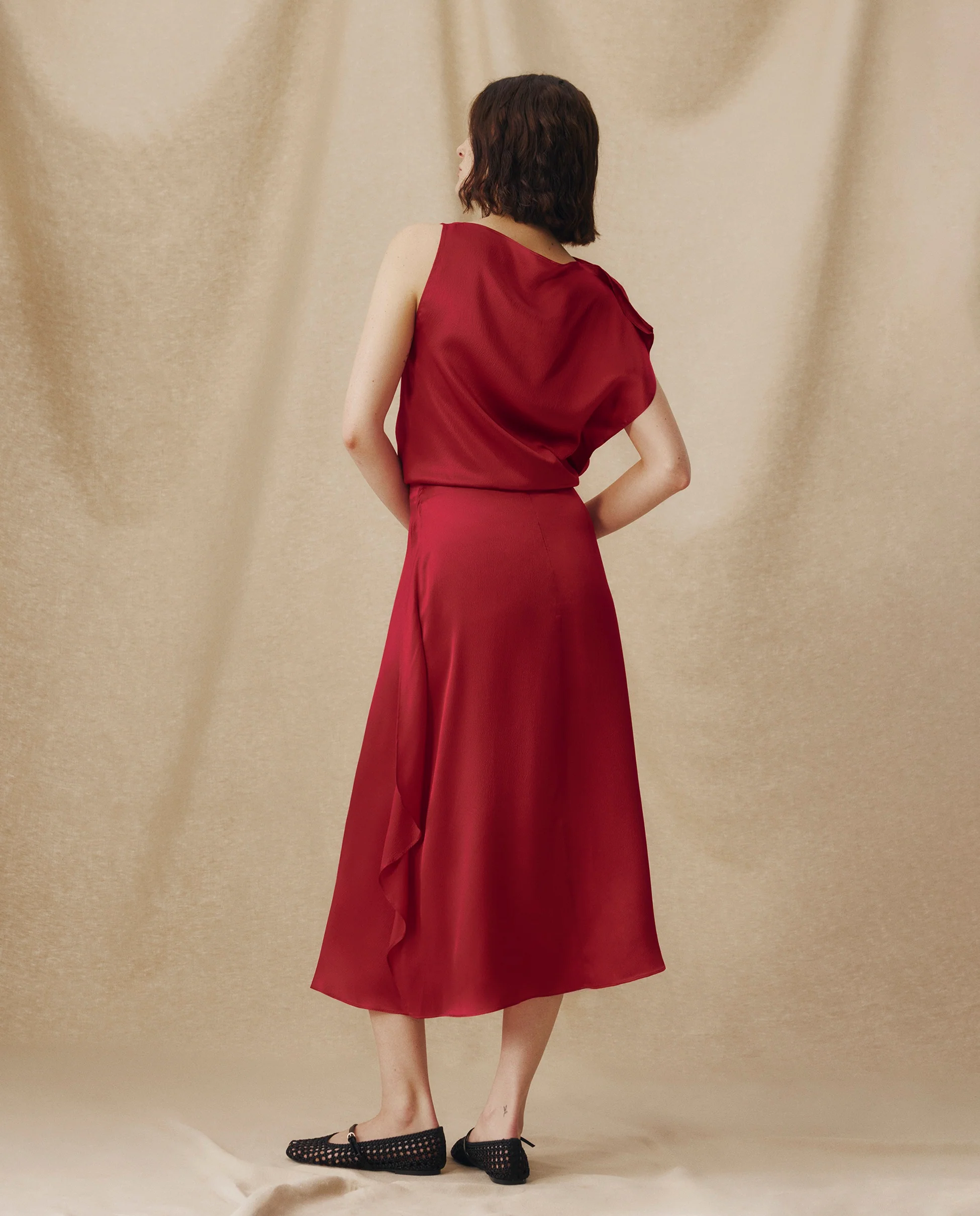 LETIZIA | Crimson Red Asymmetric Silk Skirt - Image 3