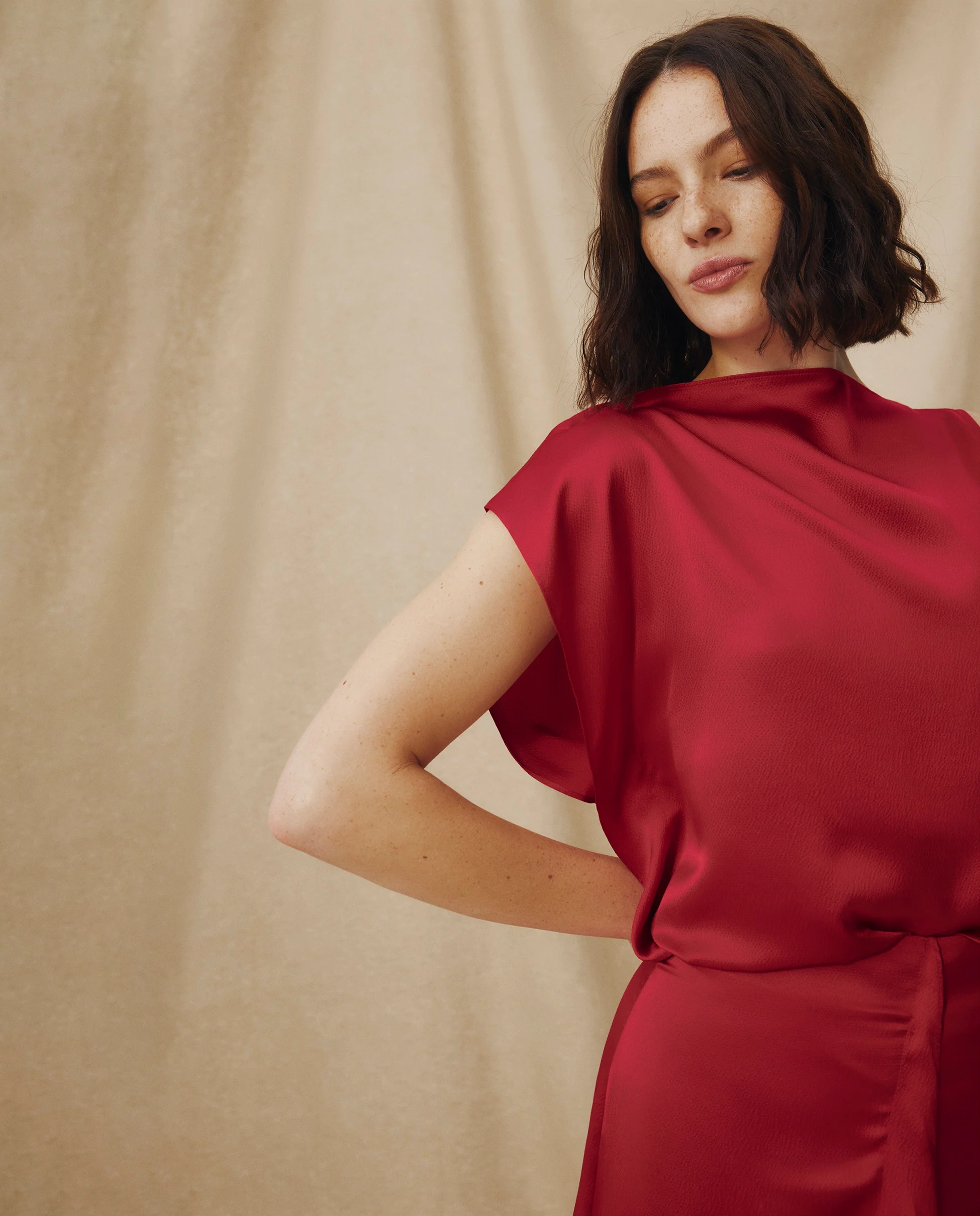 LETIZIA | Crimson Red Asymmetric Silk Top - Image 2
