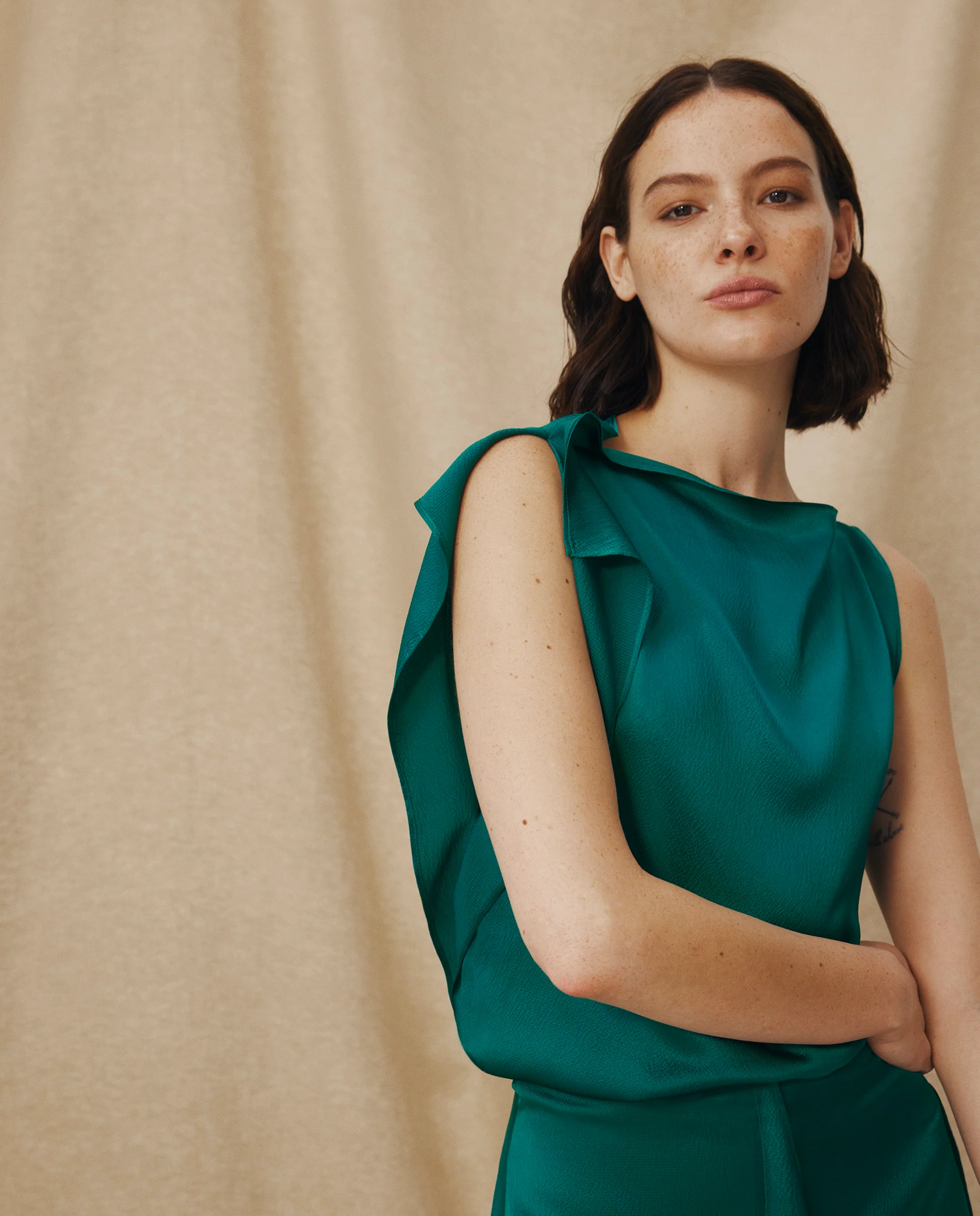 LETIZIA | Emerald Green Asymmetric Silk Top - Image 2