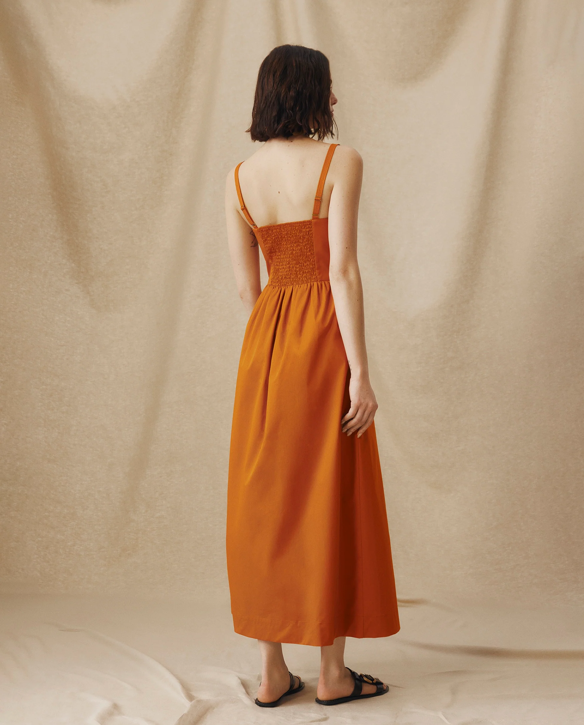LUCILA | Burnt Orange Tie Front Cotton Midi Dress - Image 3
