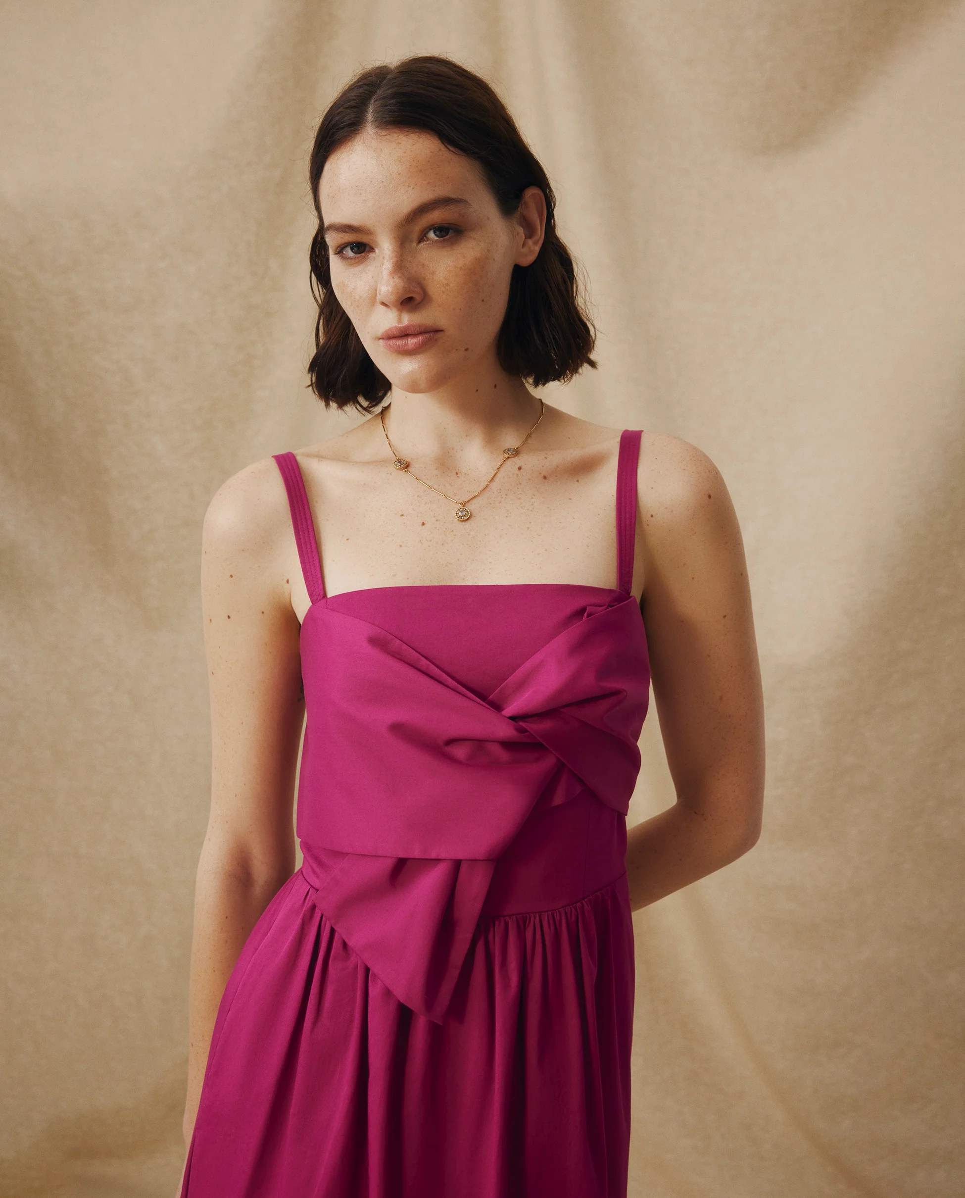 LUCILA | Fuchsia Pink Tie Front Cotton Midi Dress - Image 2