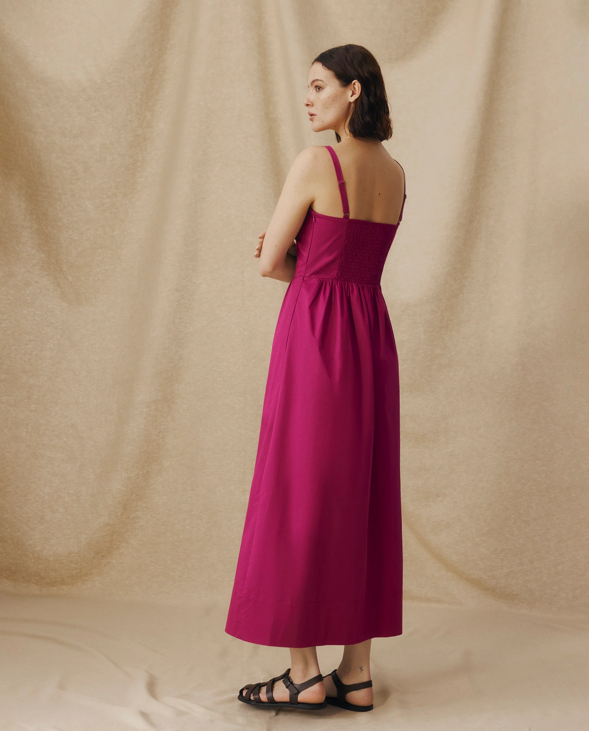 LUCILA | Fuchsia Pink Tie Front Cotton Midi Dress - Image 3