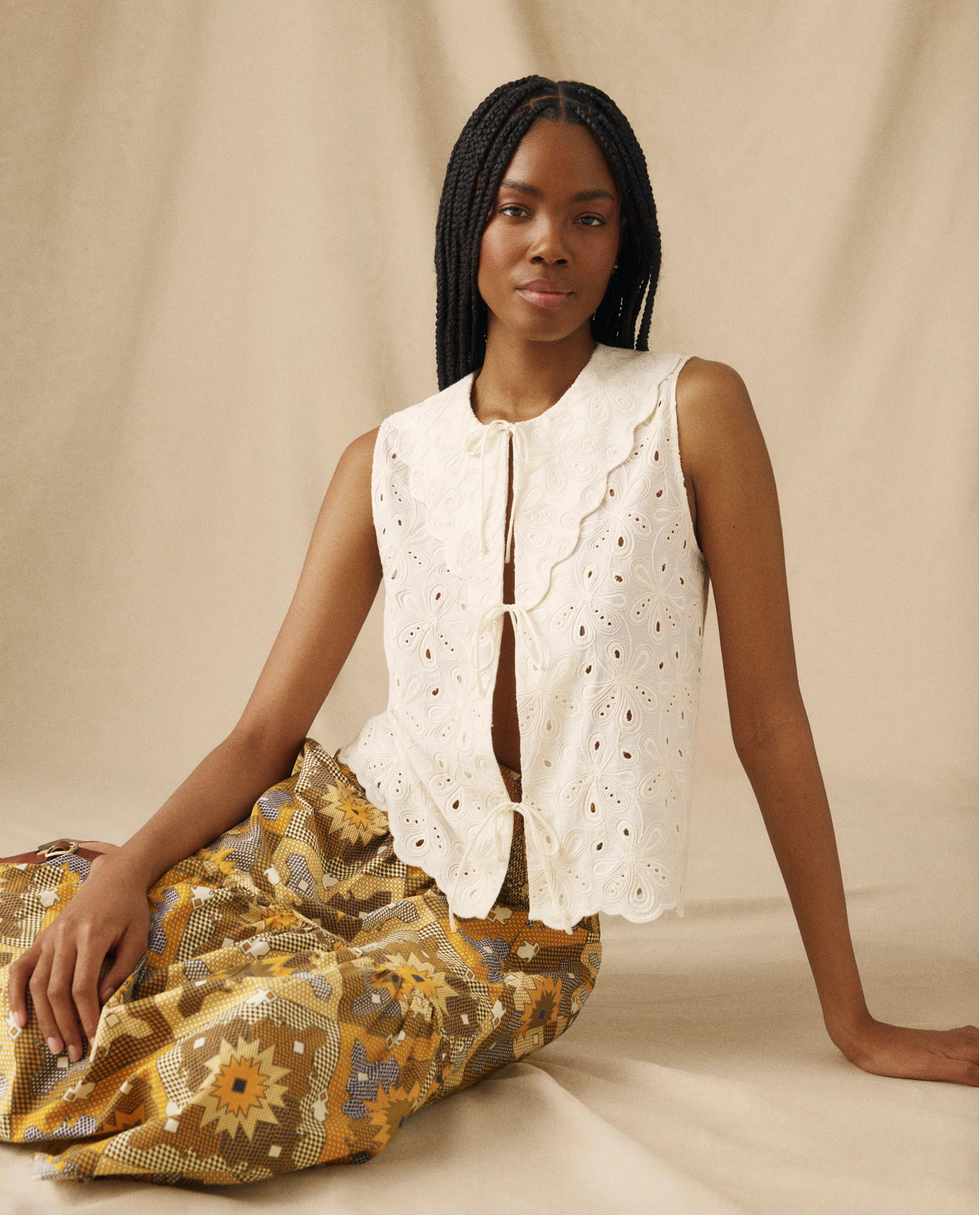 LULU | Ecru Broderie Anglaise Cotton Tie Front Top - Image 3