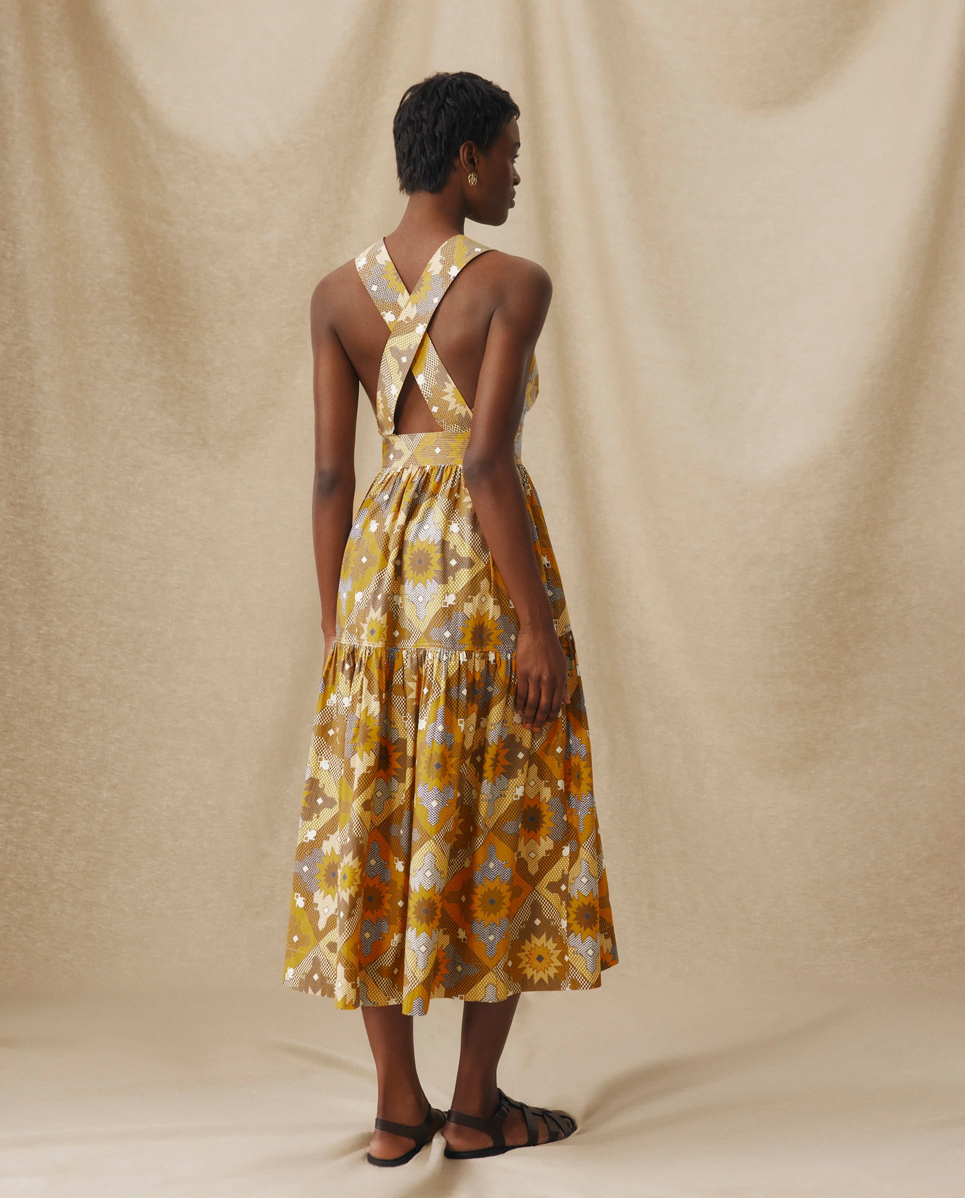 MONISHA | Ochre Yellow Multi Print Cotton Midi Dress - Image 3