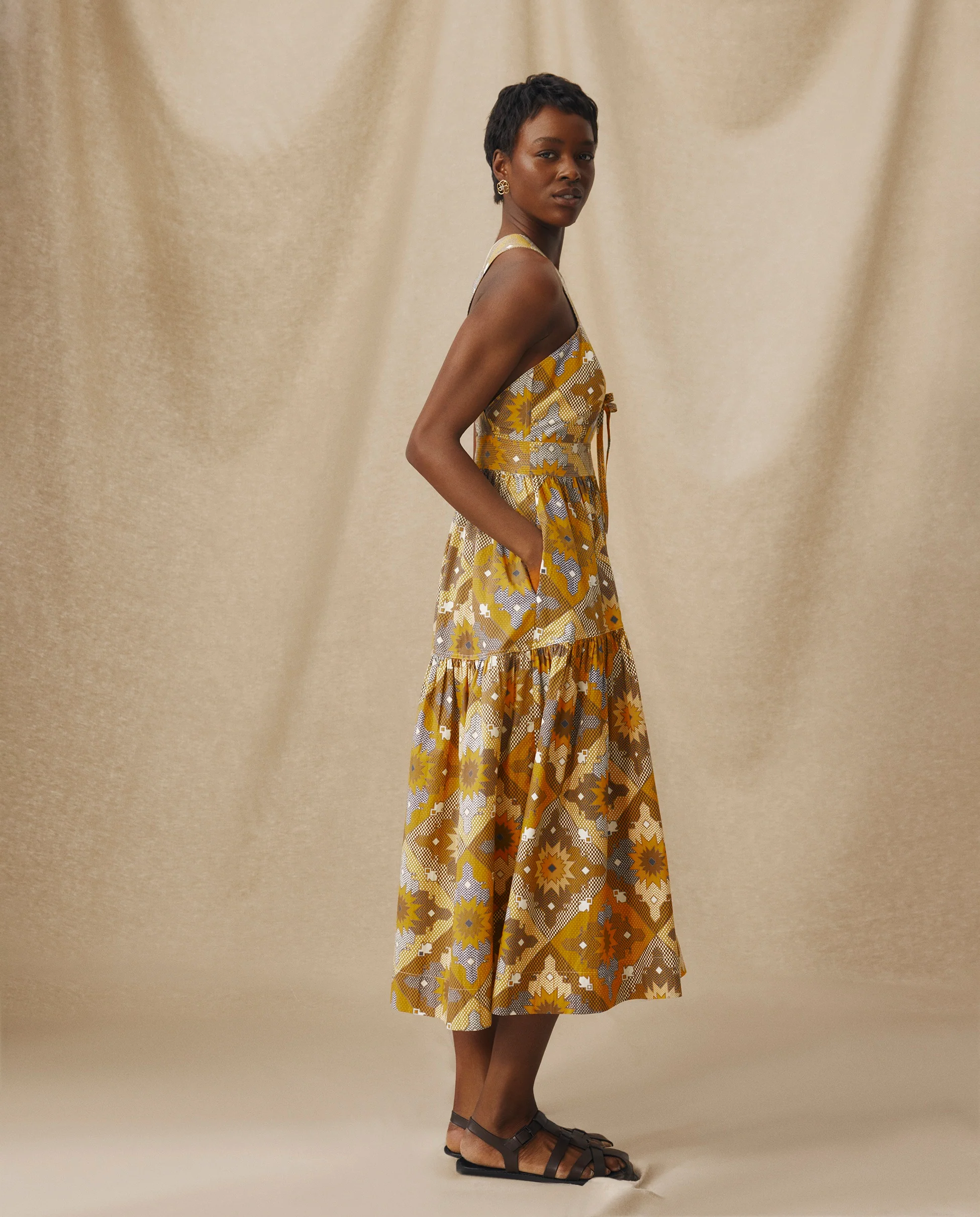 MONISHA | Ochre Yellow Multi Print Cotton Midi Dress - Image 4