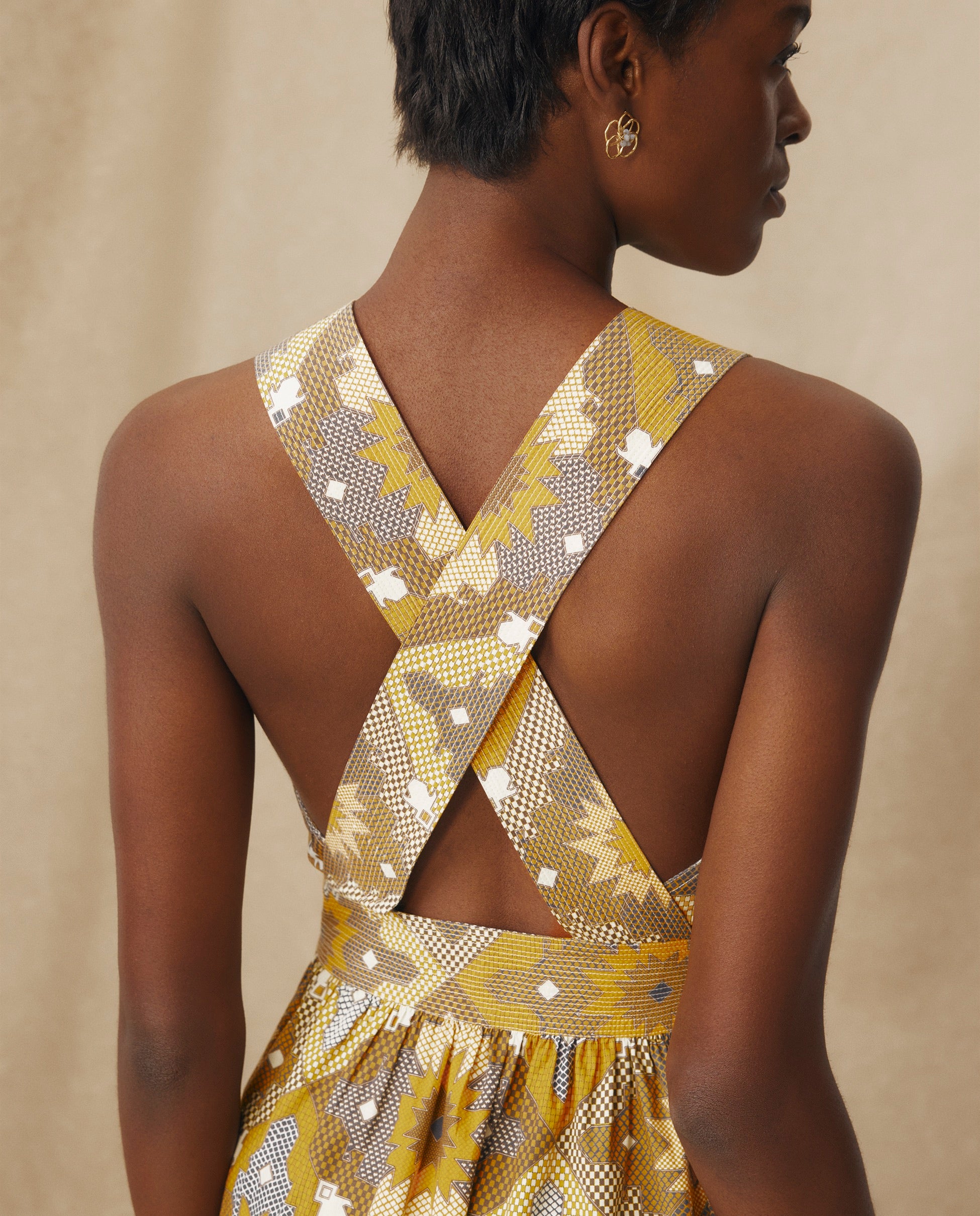 MONISHA | Ochre Yellow Multi Print Cotton Midi Dress - Image 5