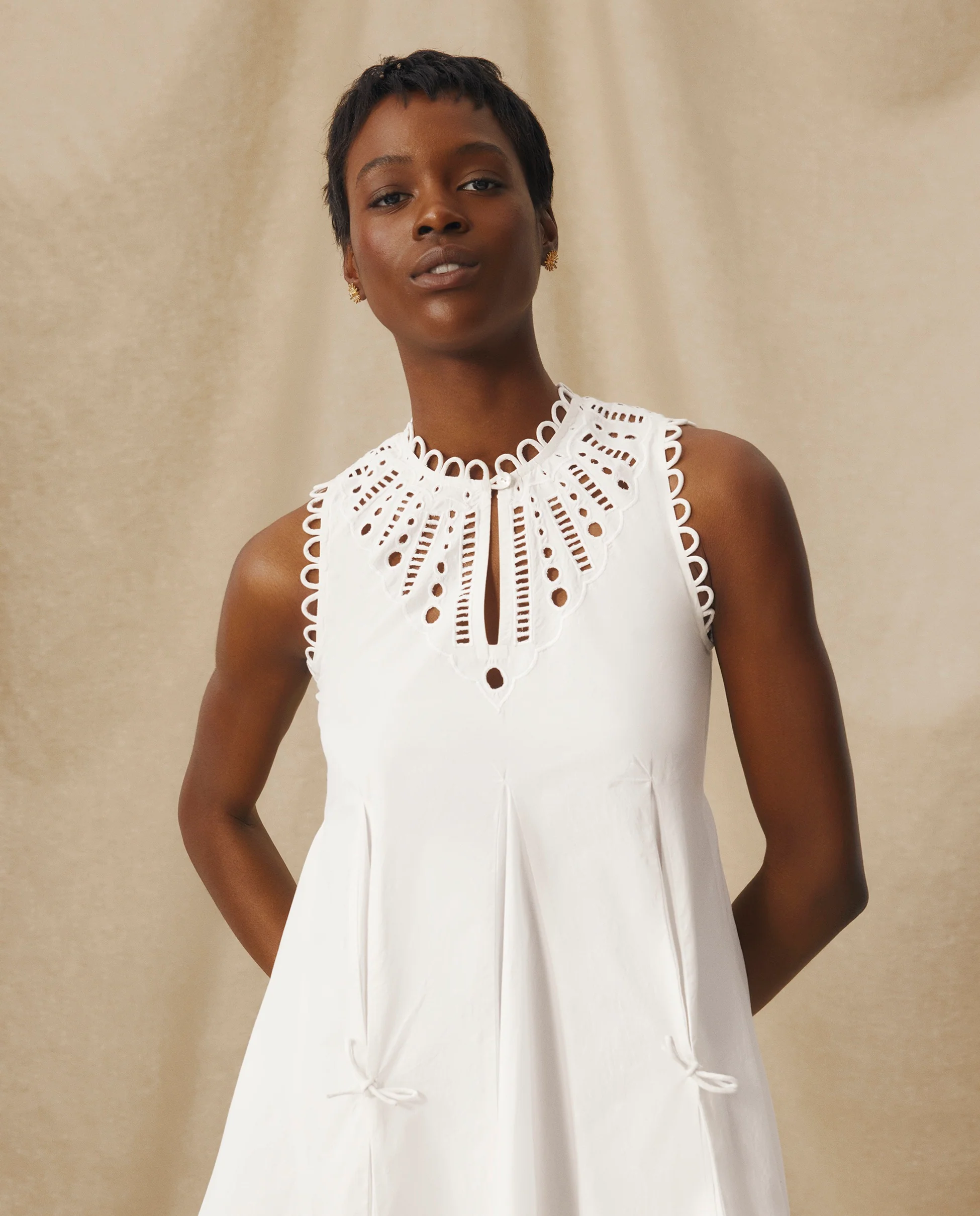 ORNELLA | White Broderie Cut-Out Cotton Short Dress - Image 4