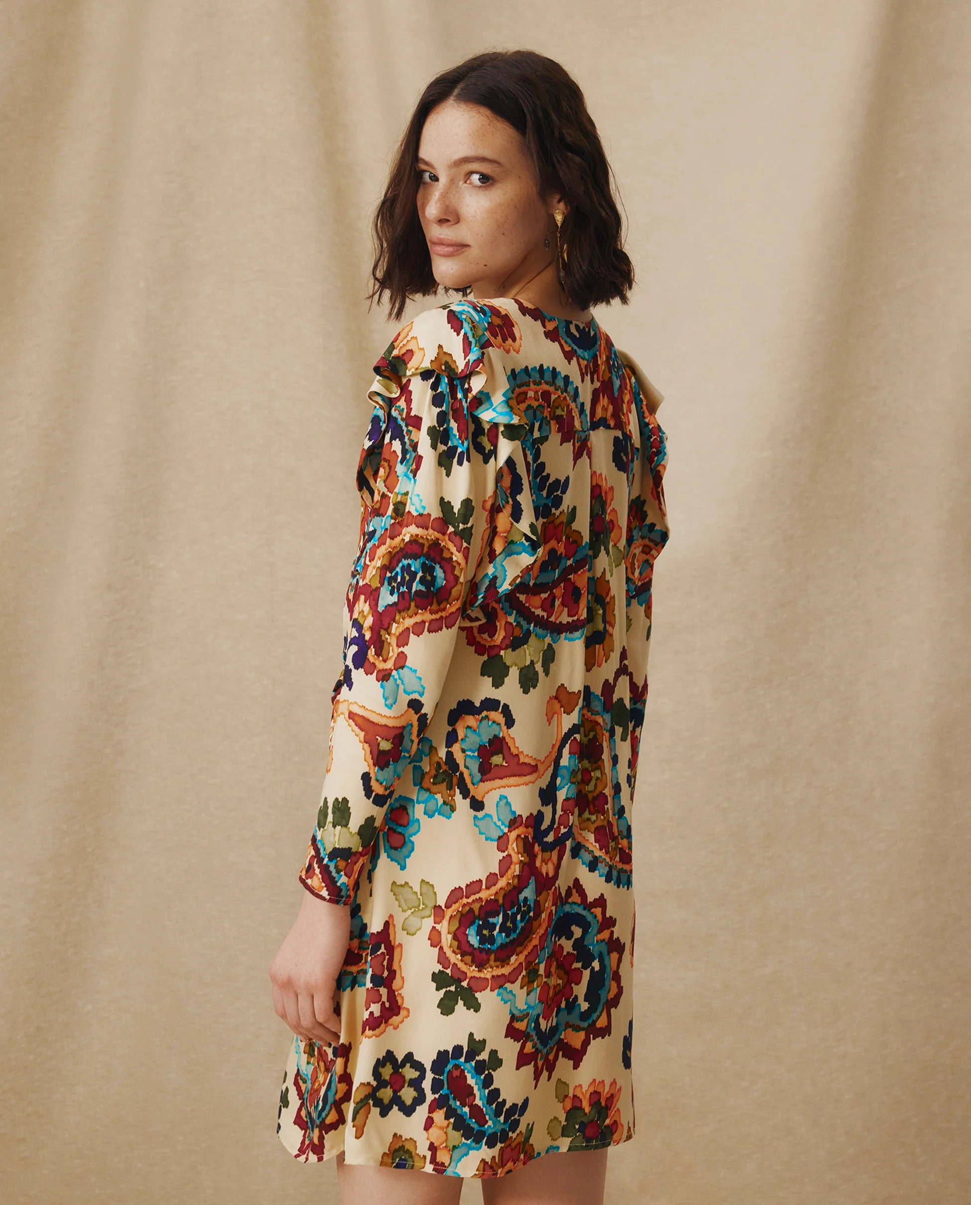SALENA | Cream Multi Ruche Detail V-Neck Short Dress - Image 4