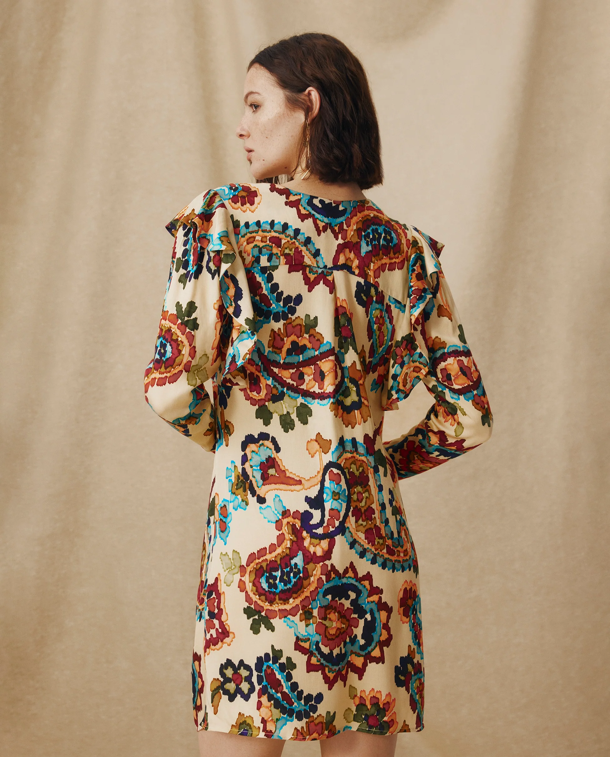 SALENA | Cream Multi Ruche Detail V-Neck Short Dress - Image 5