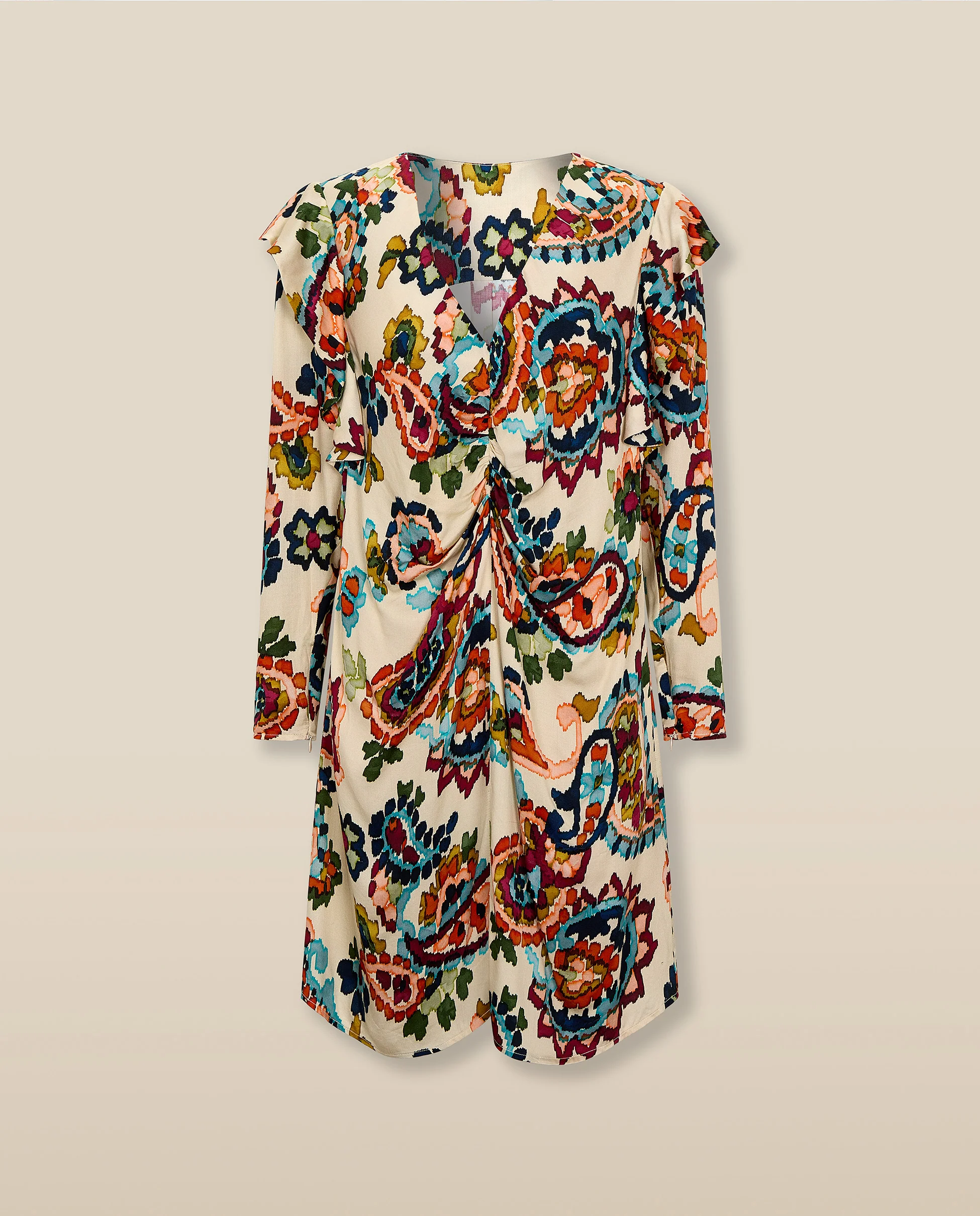 SALENA | Cream Multi Ruche Detail V-Neck Short Dress - Image 6