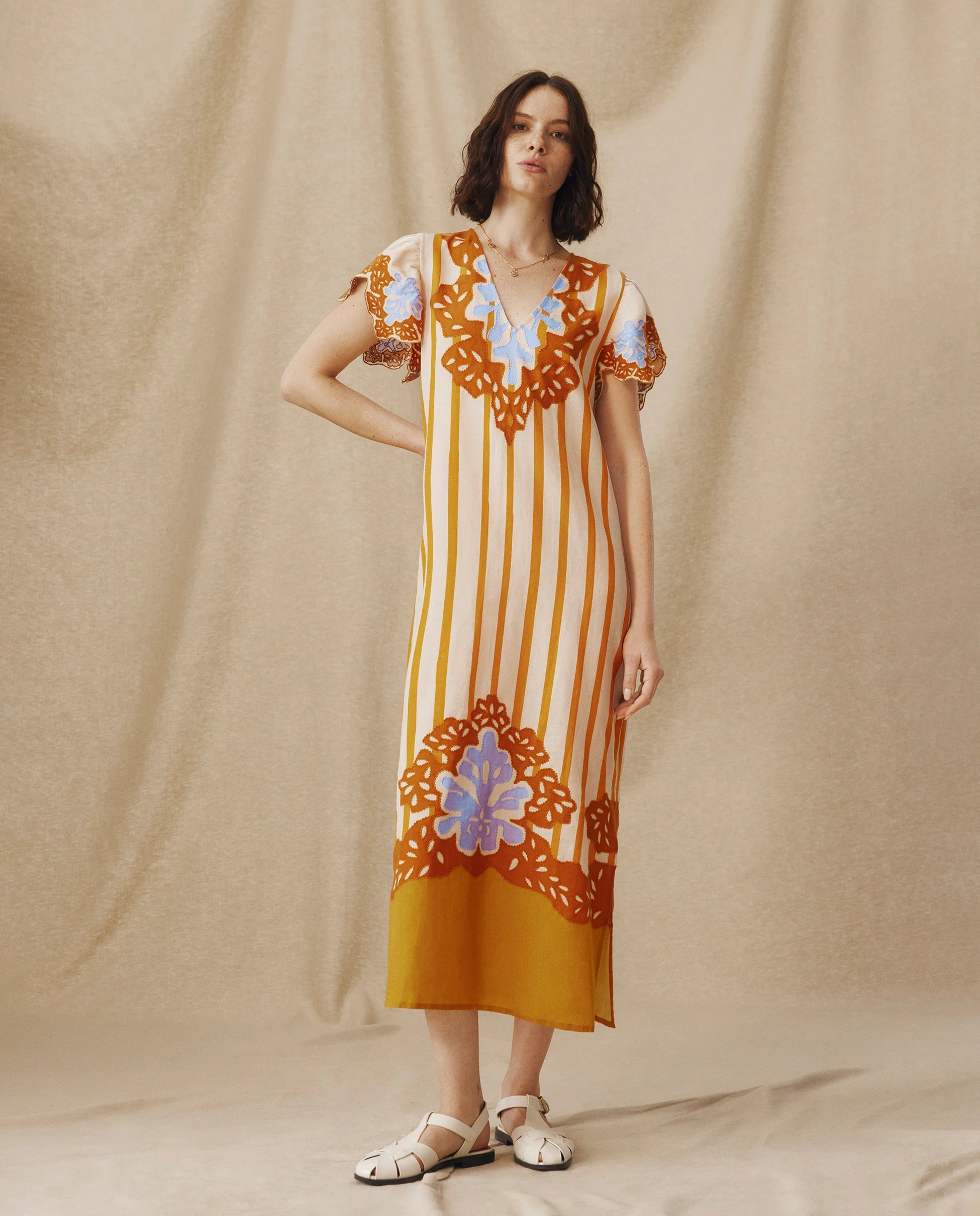 SANDHIKA | Ochre Yellow Multi Embroidered Linen-Cotton Tunic - Image 2