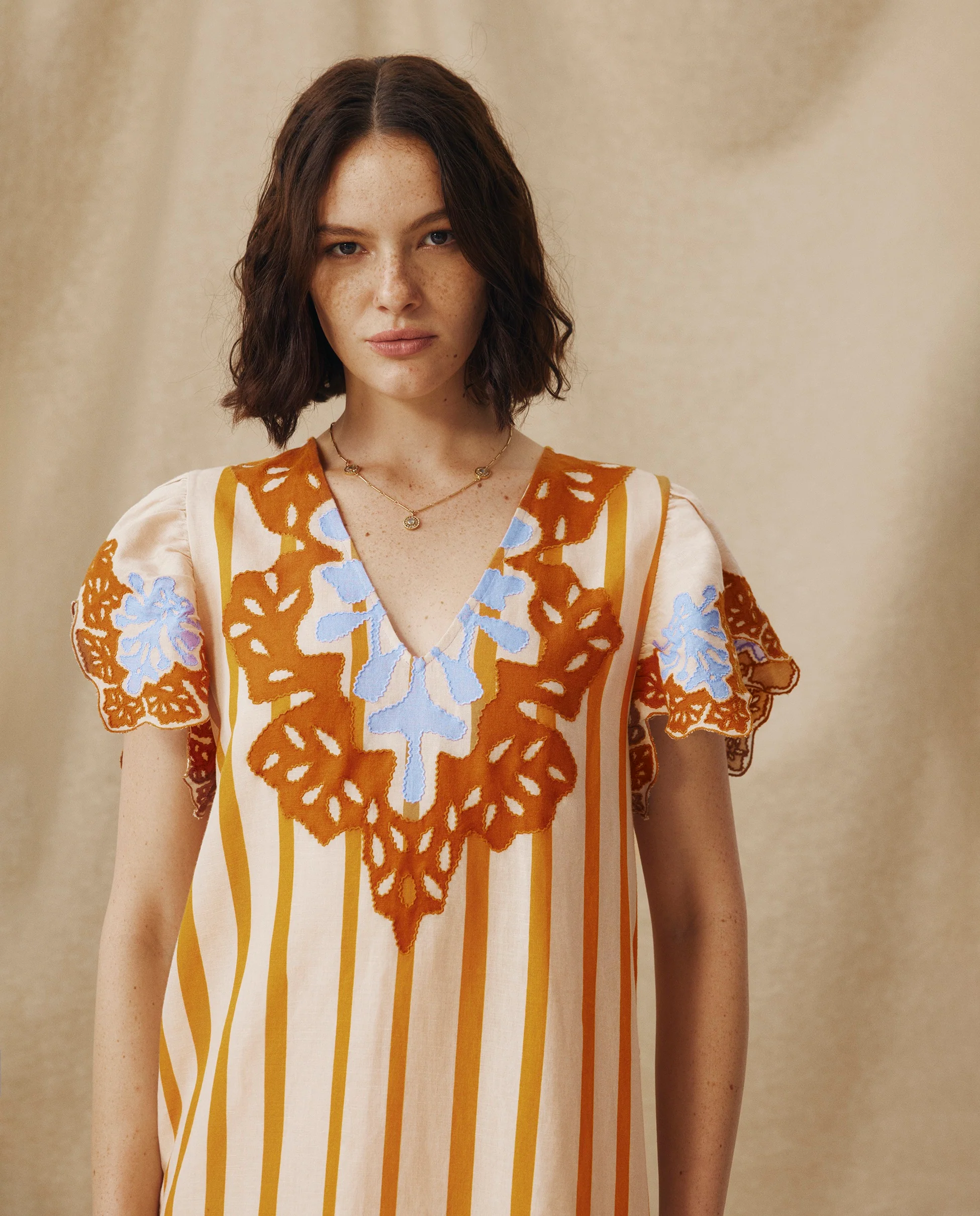 SANDHIKA | Ochre Yellow Multi Embroidered Linen-Cotton Tunic - Image 3